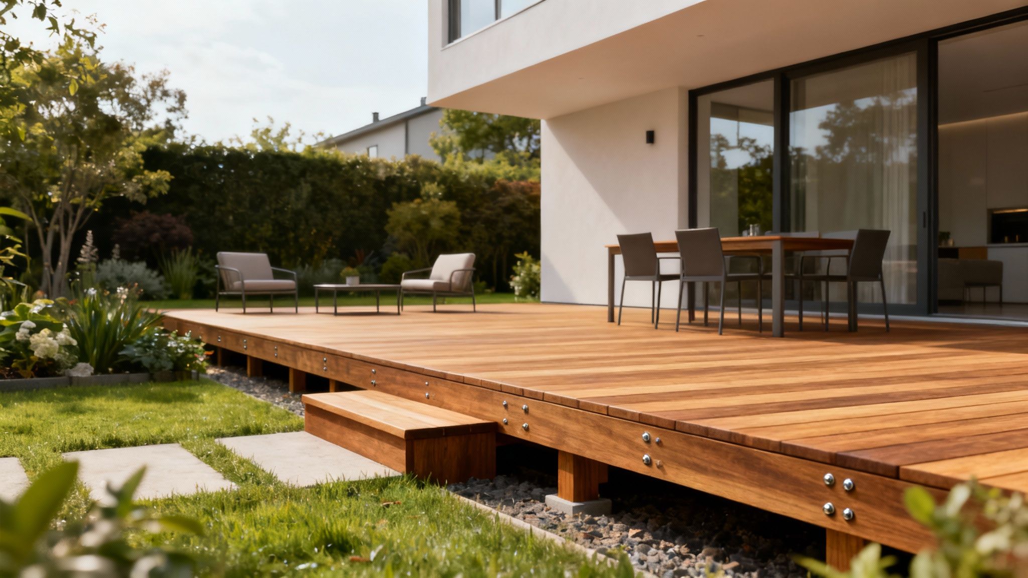 En færdigmonteret og smuk ipé terrasse med stole