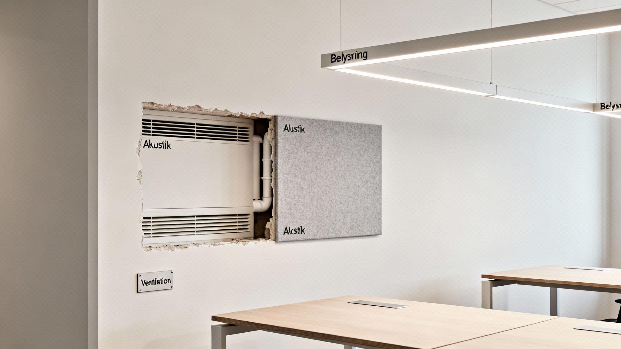 Et kontor under renovering med synlig ventilation, akustikpanel og belysning.