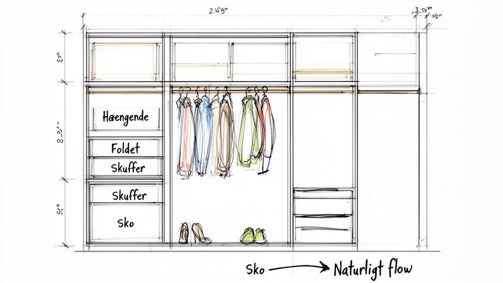Skitse af et garderobeskab med indretning for hængende og foldet tøj, skuffer og sko, inklusiv mål.