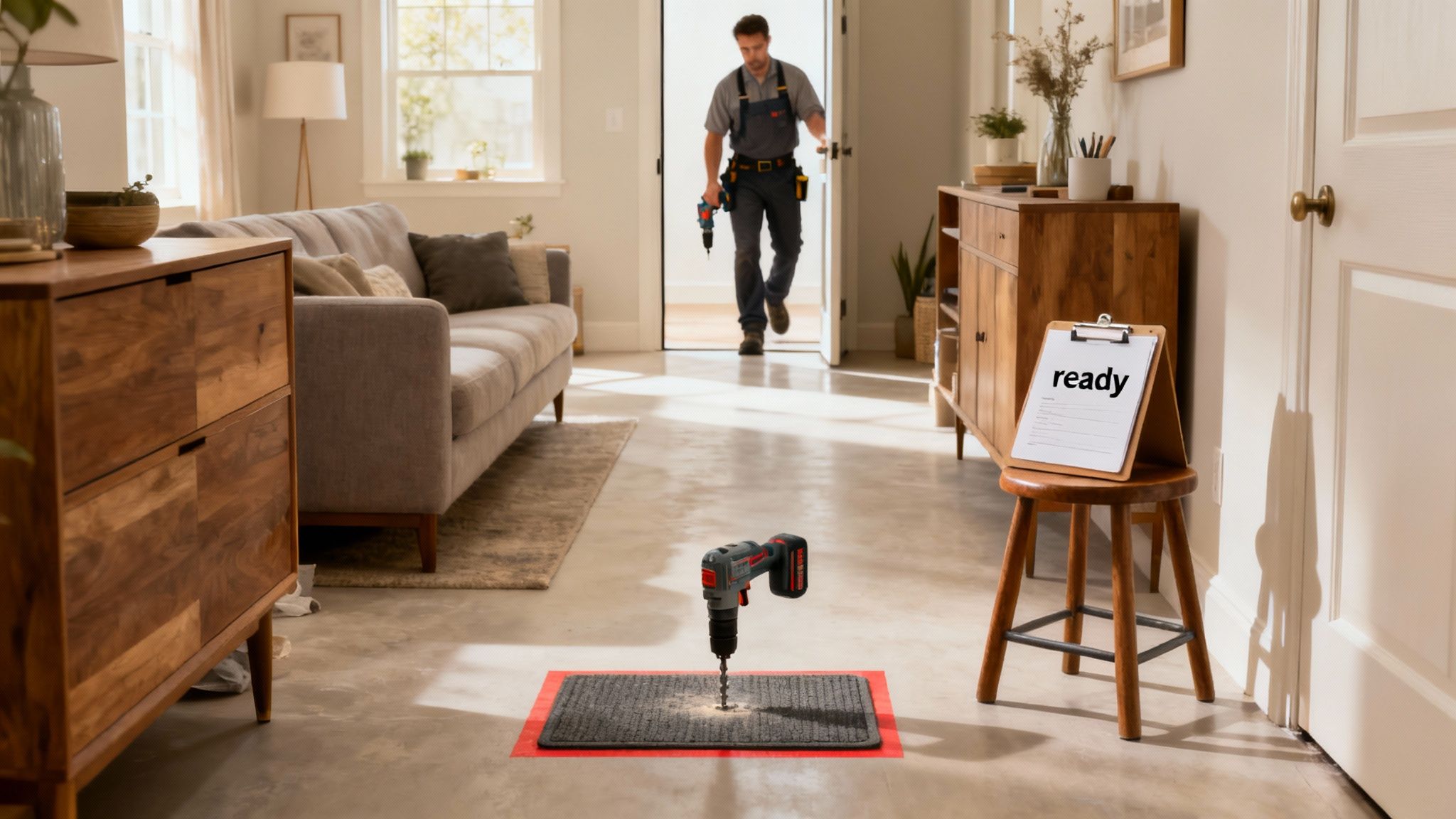 En velorganiseret arbejdsplads hvor udstyr til betonboring er klar til brug