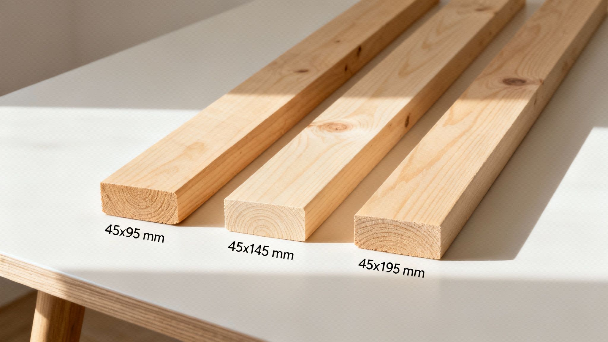 En samling af forskellige dimensioner af trykimprægneret træ til strøer.