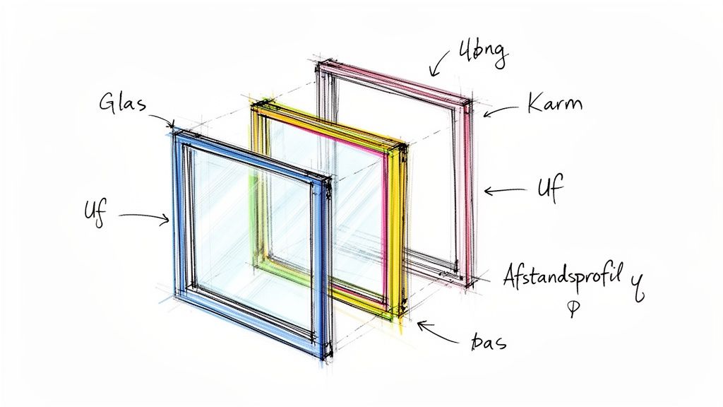 Exploderet skitse af et vindue, der viser glas, karm, Uf og afstandsprofil for U-værdi beregning.