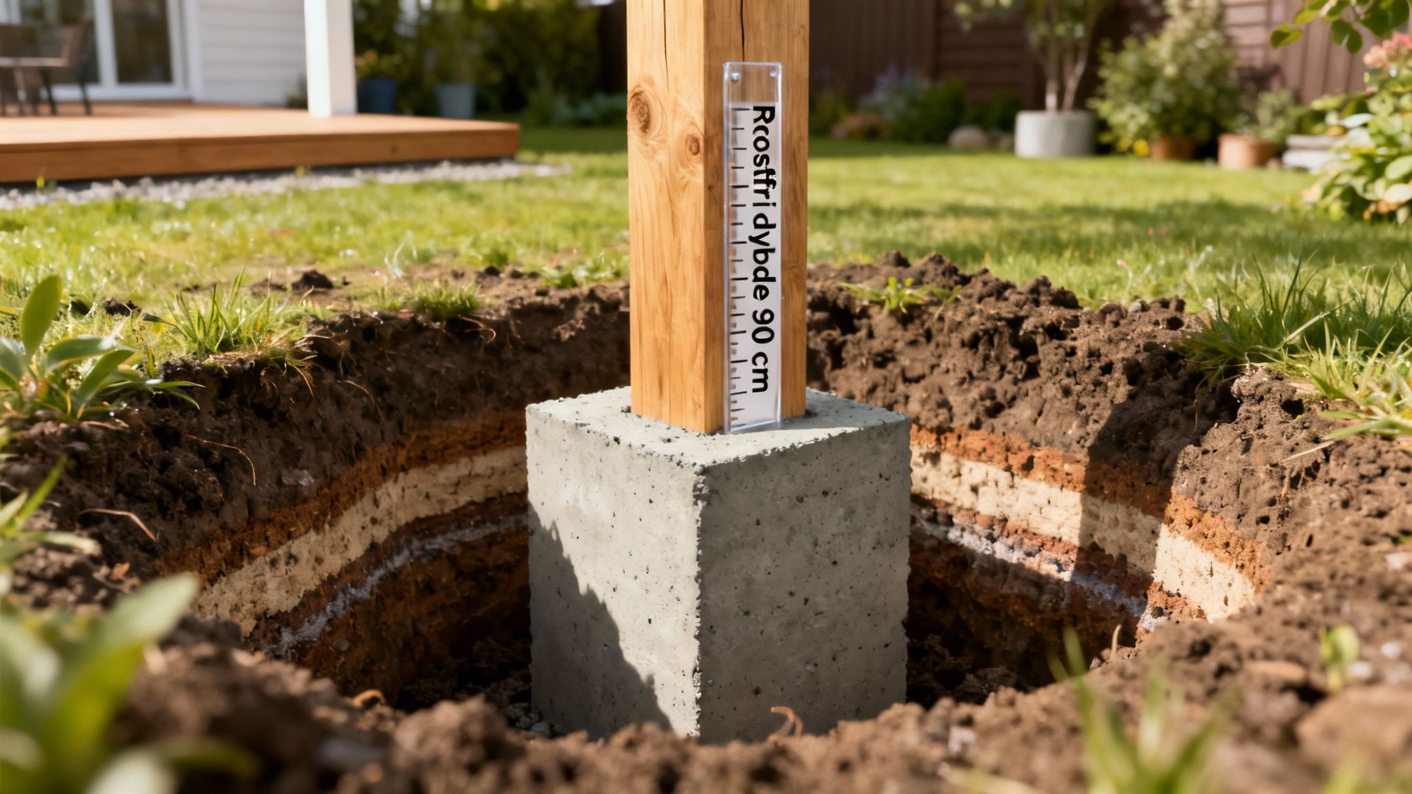 Træstolpe i betonfundament i jorden, viser jordlag og målestok med 90 cm dybde for frostfri installation.