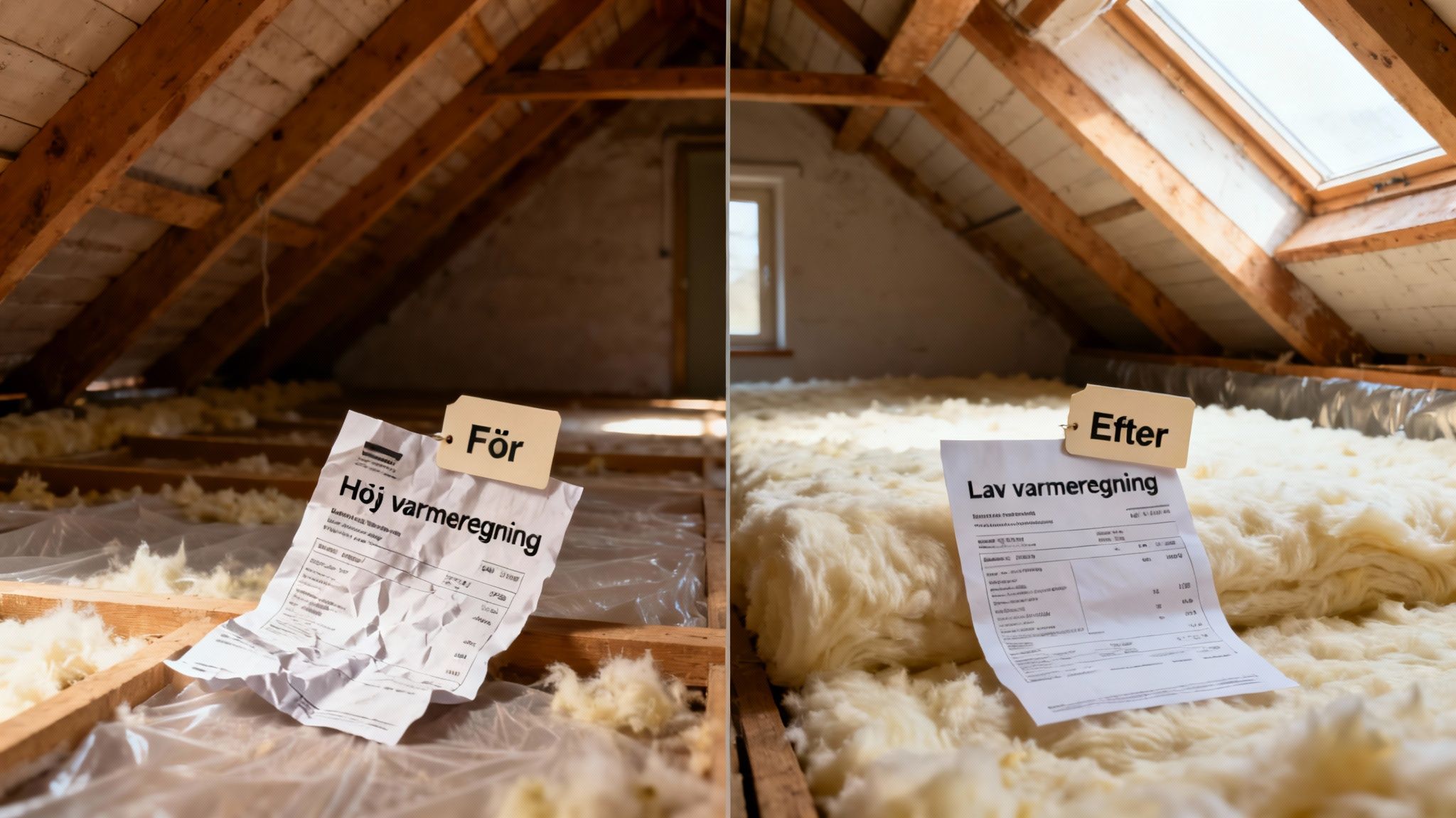 Før og efter billeder af et loft, der viser ny isolering for at opnå en lavere varmeregning.