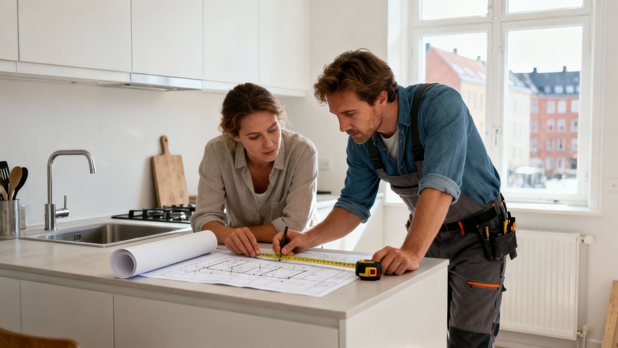 Professionel håndværker og kvinde gennemgår køkkentegninger. Manden måler op med målebånd på en køkkenø.