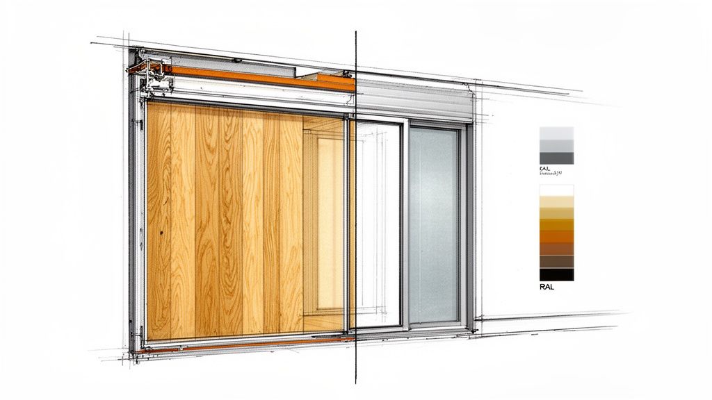 Detaljeret teknisk tegning af en skydedør til terrasse med træpanel, glas og farveprøver.