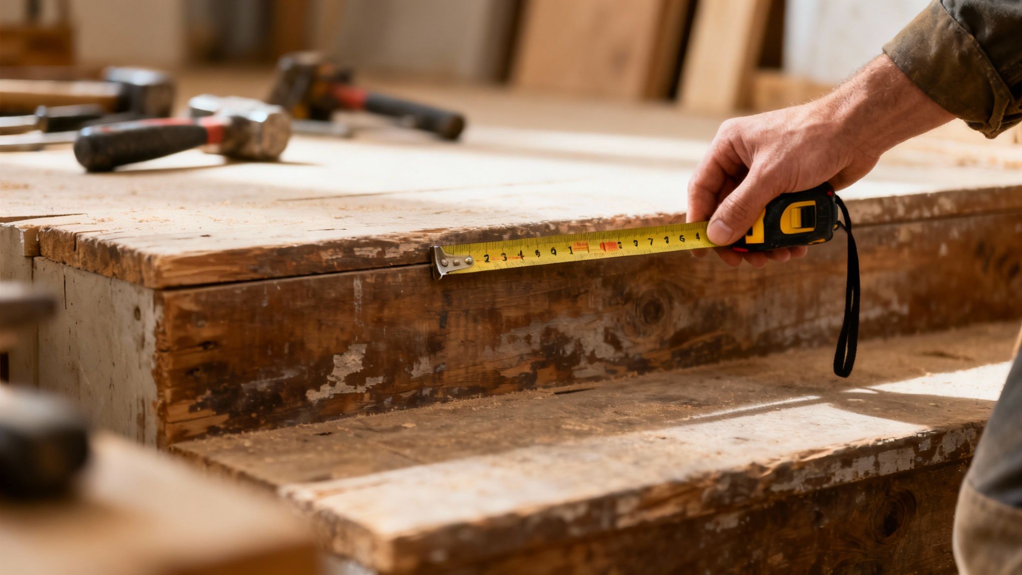 Håndværker måler højden på et slidt trætrappetrin med et gult målebånd på et værksted.
