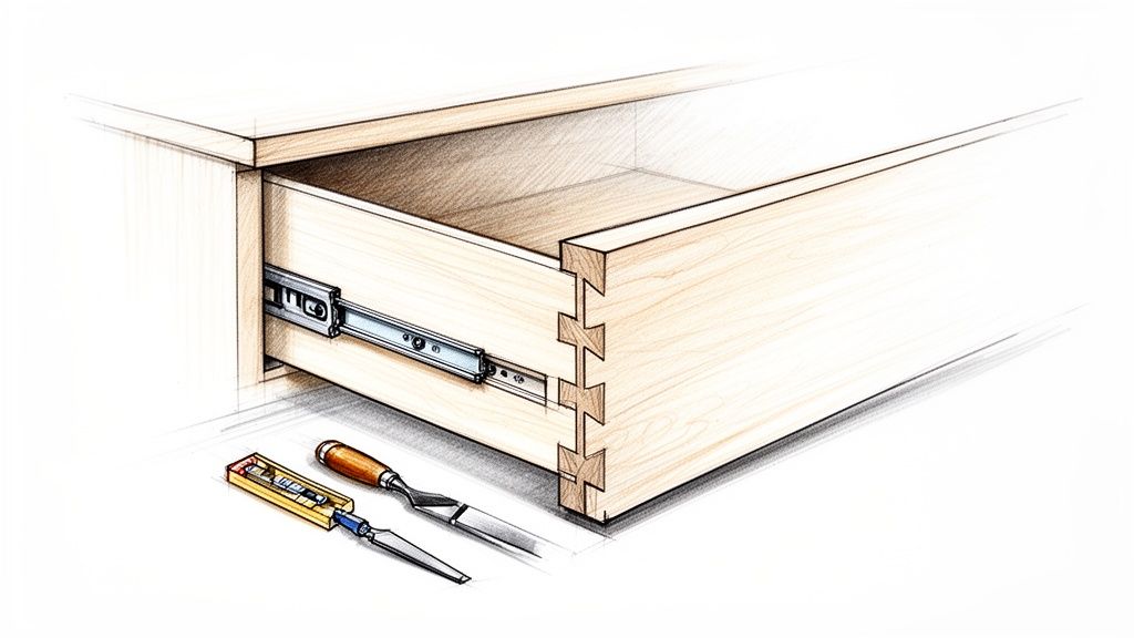 Detaljeret skitse af en træskuffe med svalehalesamlinger, skuffeskinne og snedkerværktøj.