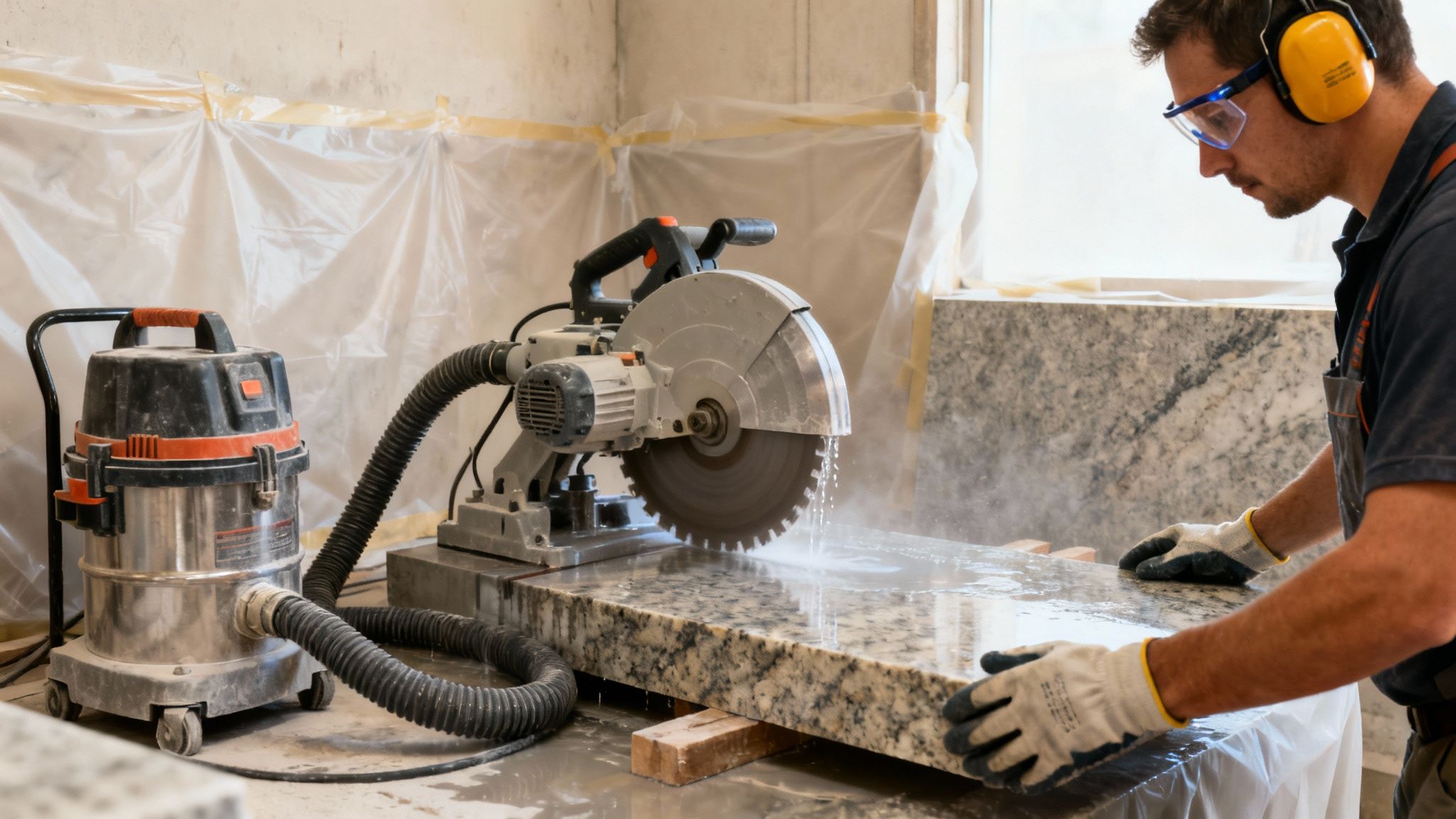 Mand skærer granitplade med vådskærer, iført høreværn og sikkerhedsbriller, med en industristøvsuger i nærheden.