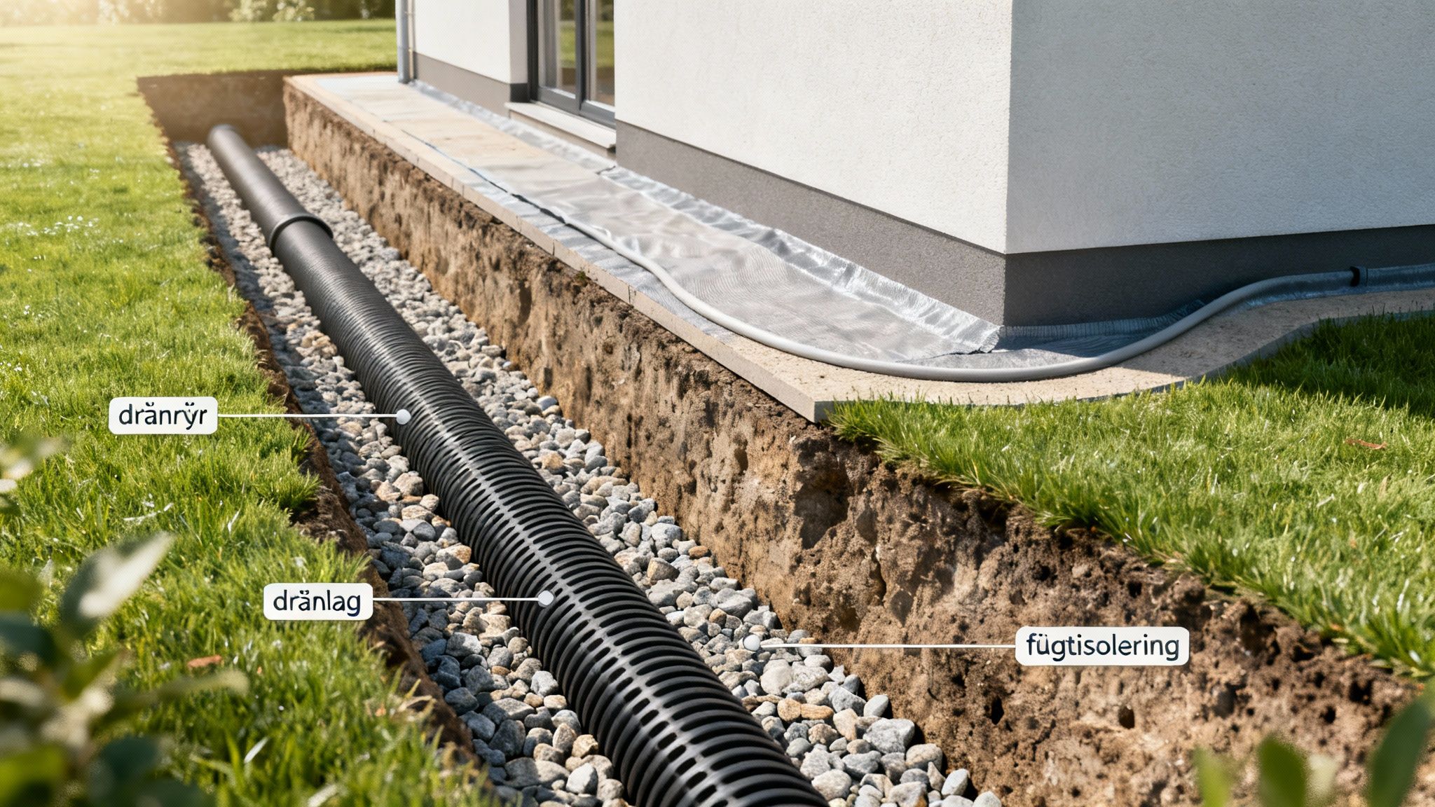 Grøft med dræn, drænrør og fugtisolering langs husfundamentet, klar til at forhindre fugt.