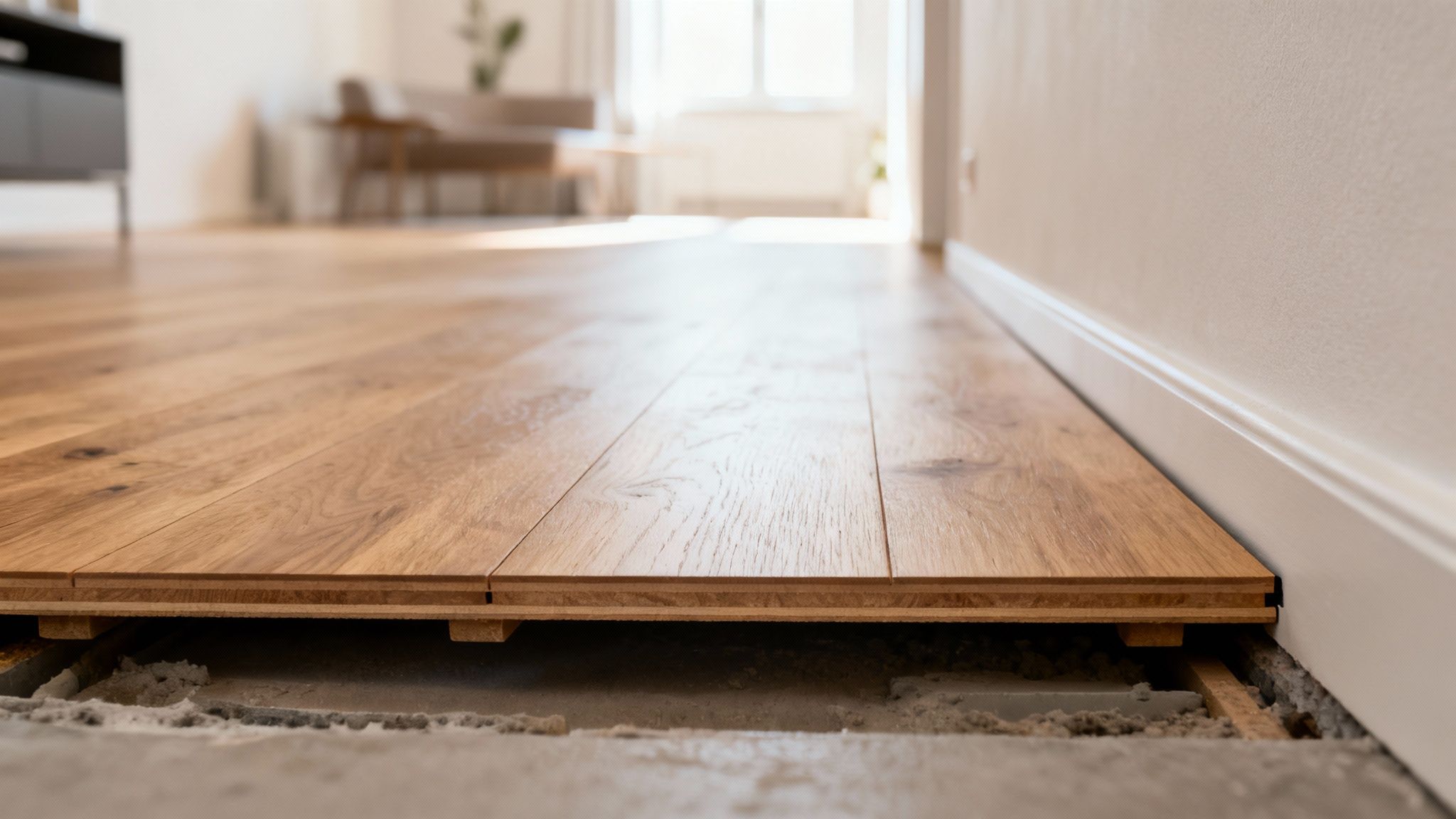 Nærbillede af et svømmende trægulv under opbygning, der viser gulvbrædder lagt over et betongulv.