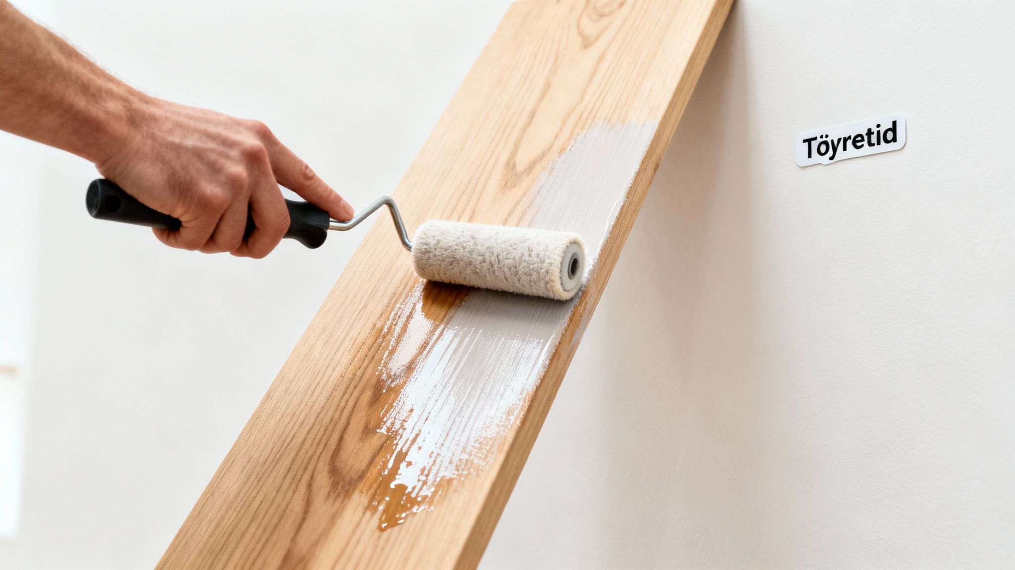 En person maler en træplanke med en malerrulle og grå maling, hvilket forbedrer træets udseende.