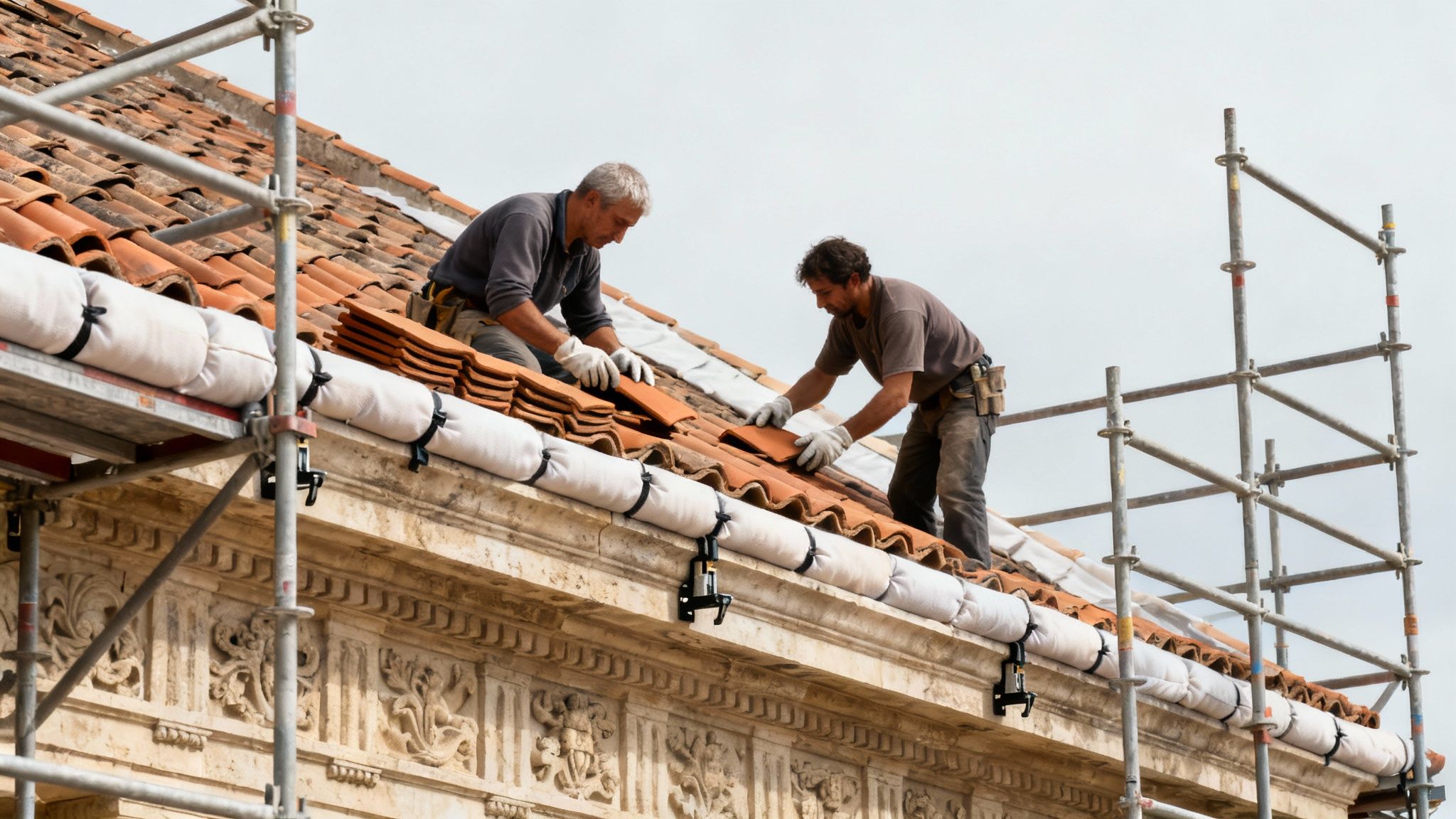 To mænd i arbejdstøj lægger nye terracotta teglsten på et tag, omgivet af stillads under en renovering.