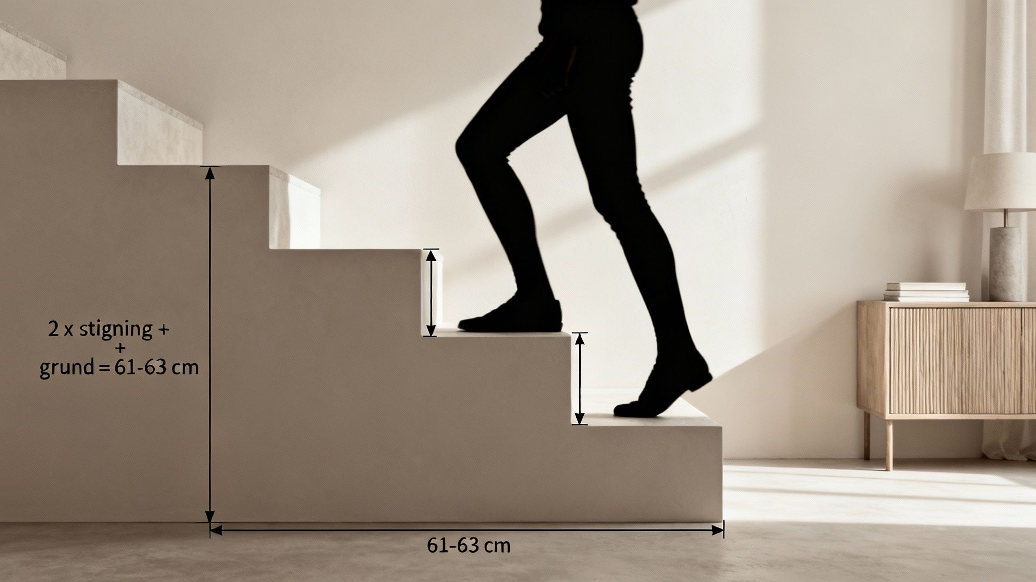 En person går op ad en trappe. Mål viser trappetrinshøjde og -dybde i centimeter.
