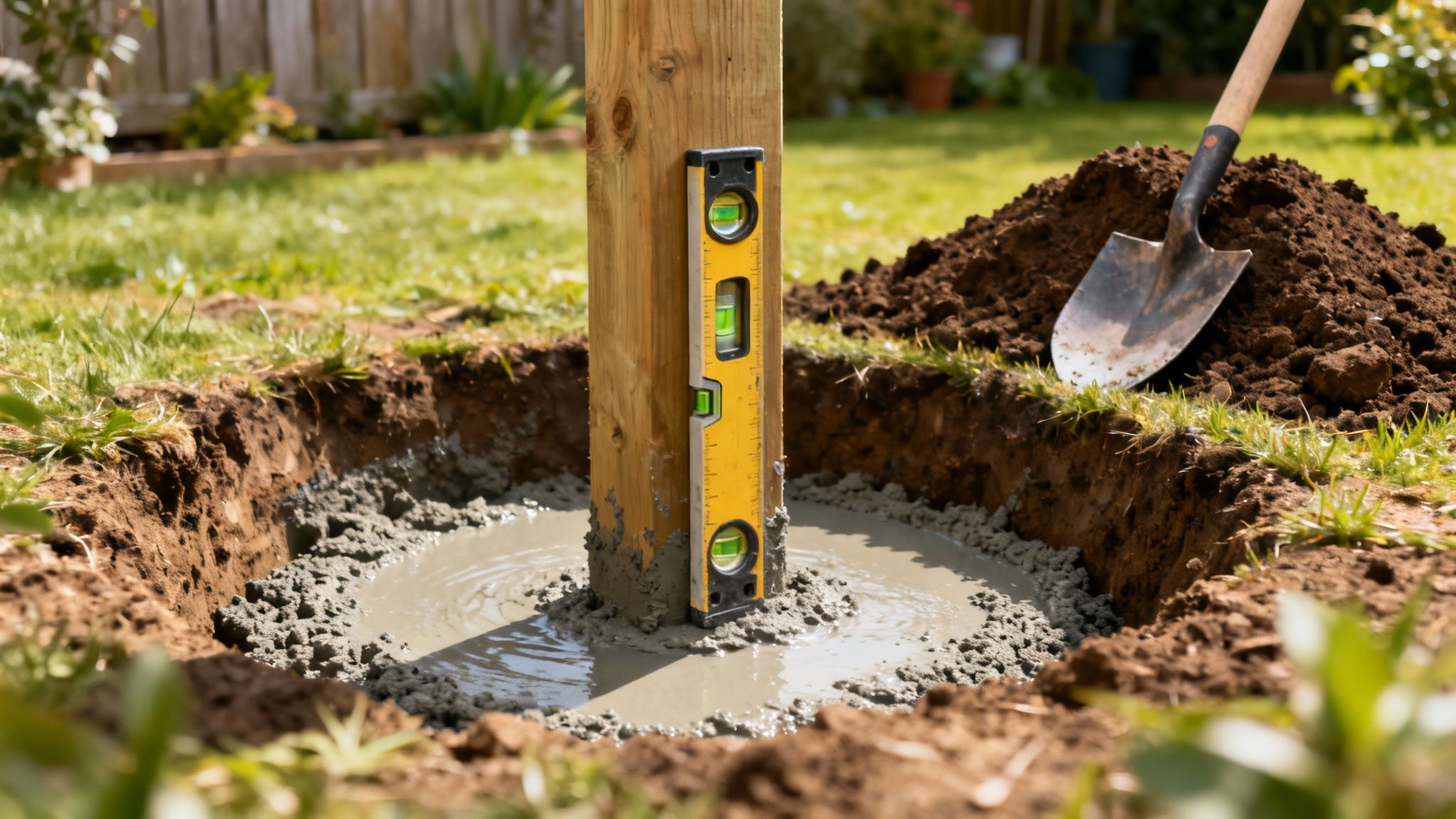 En træhegnspæl bliver sat i beton i et nygravet hul med et vaterpas fastgjort, i en grøn have.