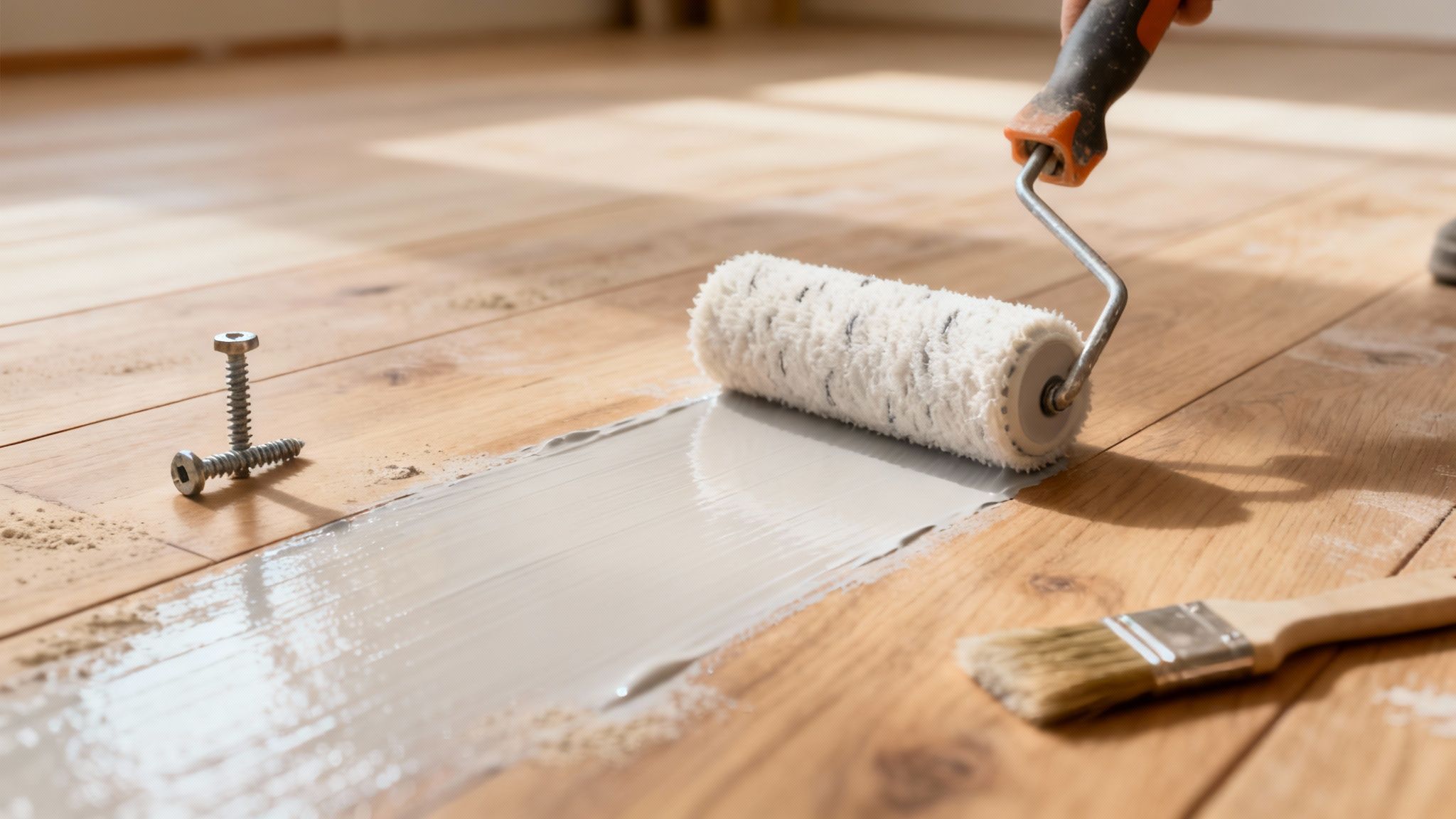 En person ruller grå gulvspartel på et trægulv med en malerrulle. Skruer og pensel ligger ved siden af.