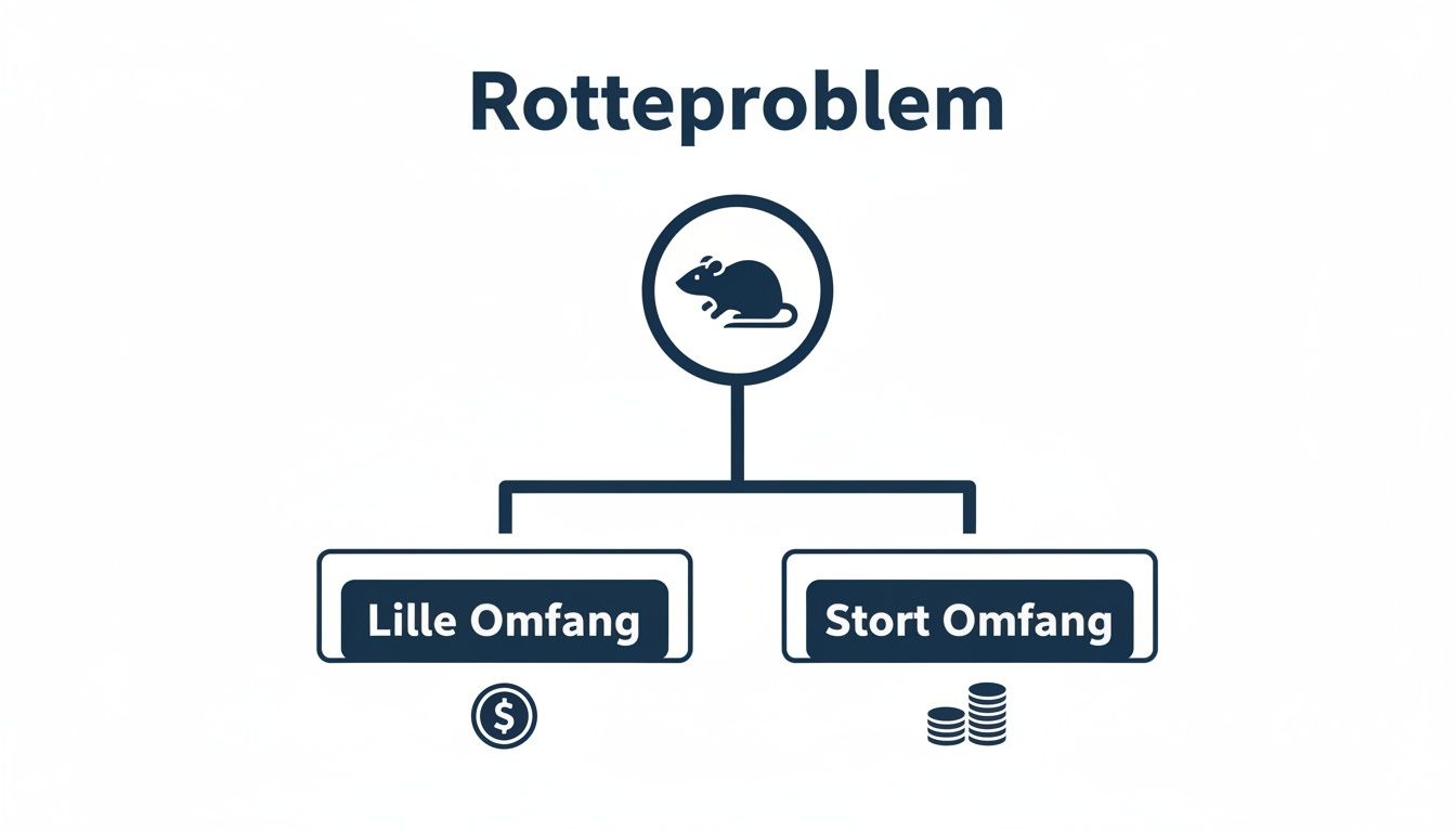 Diagram der viser, at omkostningerne ved et rotteproblem afhænger af dets omfang, med lille og stort omfang.