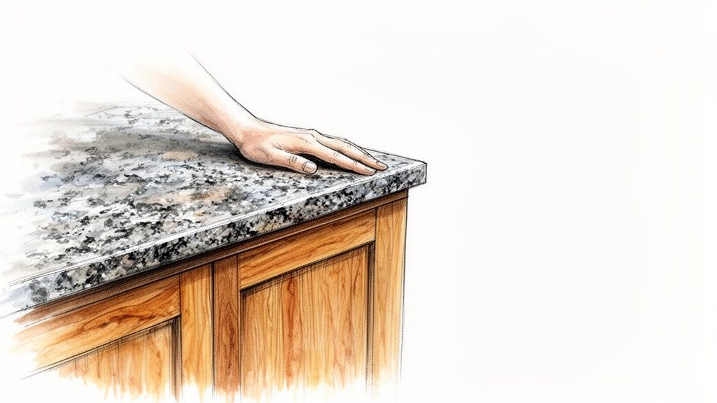 En hånd hviler blidt på en smuk granitbordplade over et trækøkkenskab.