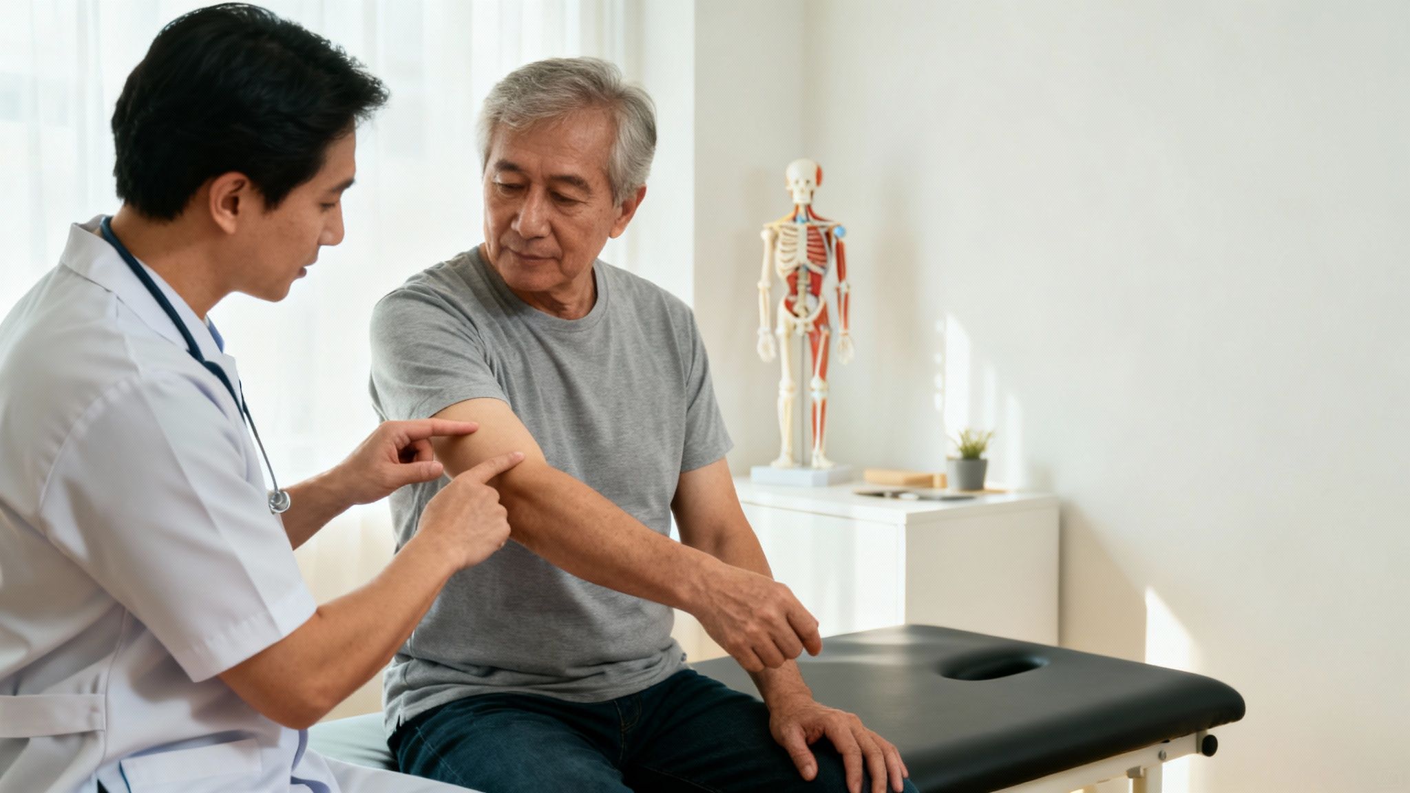 En læge undersøger en ældre mands arm, mens han sidder på en briks i et klinikrum med et skelet.