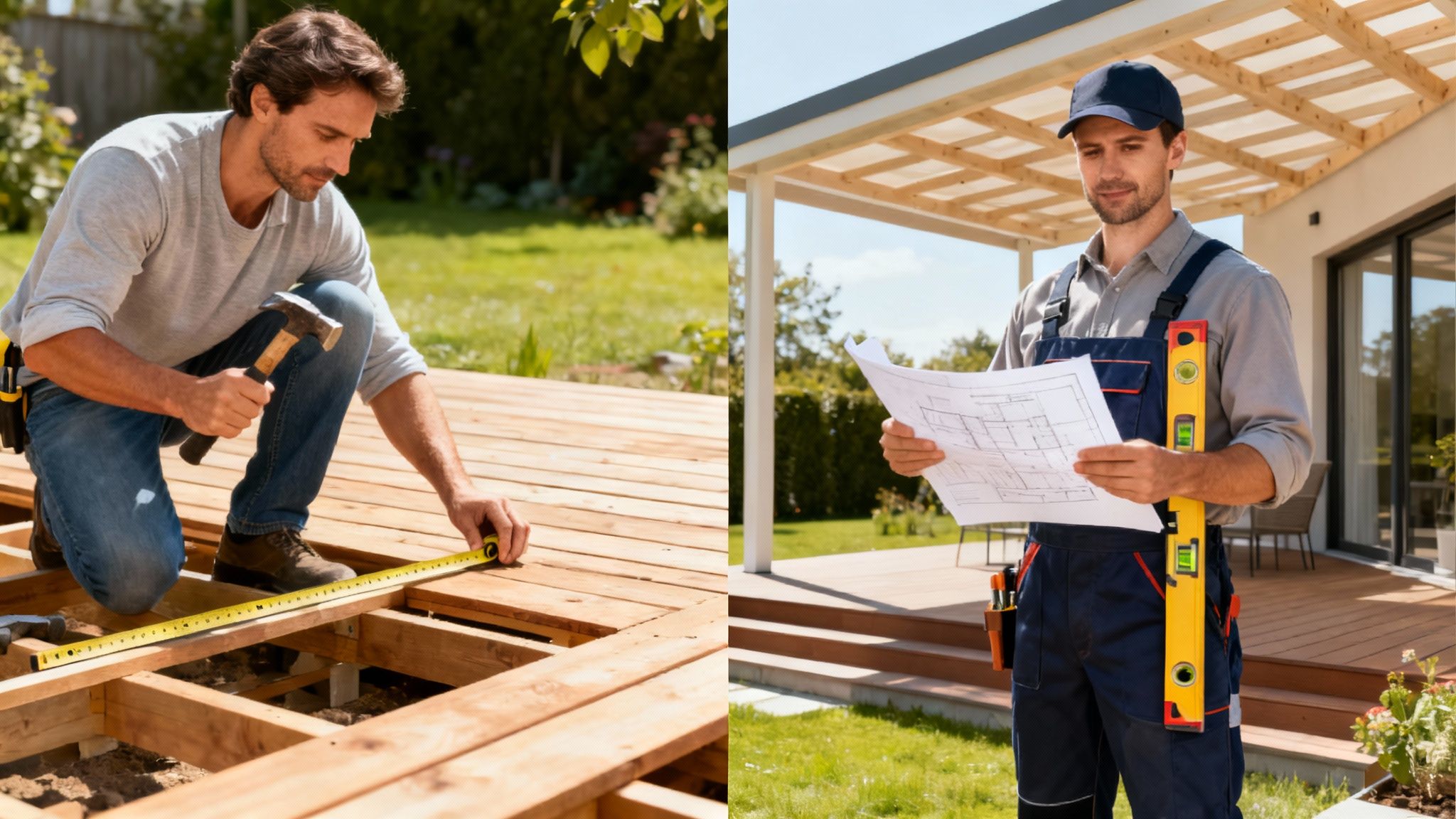 En tømrer i gang med at bygge en træterrasse