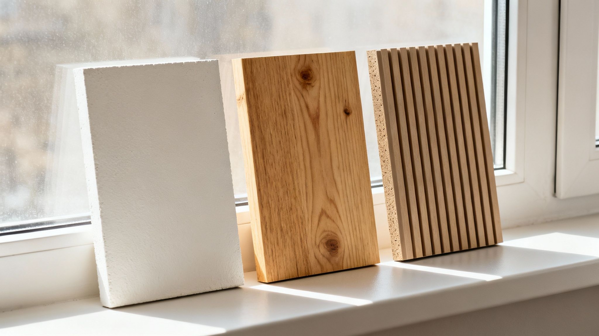 Tre forskellige materialeprøver – hvid, træ og trælameller – står på en vindueskarm i sollys.