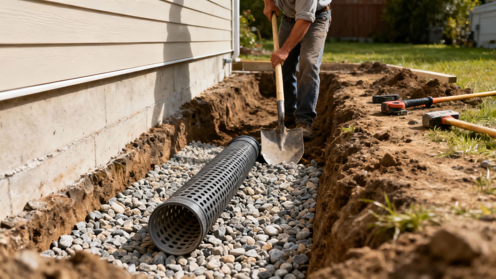 En gravemaskine i gang med at grave en rende langs et husfundament til installation af et omfangsdræn.