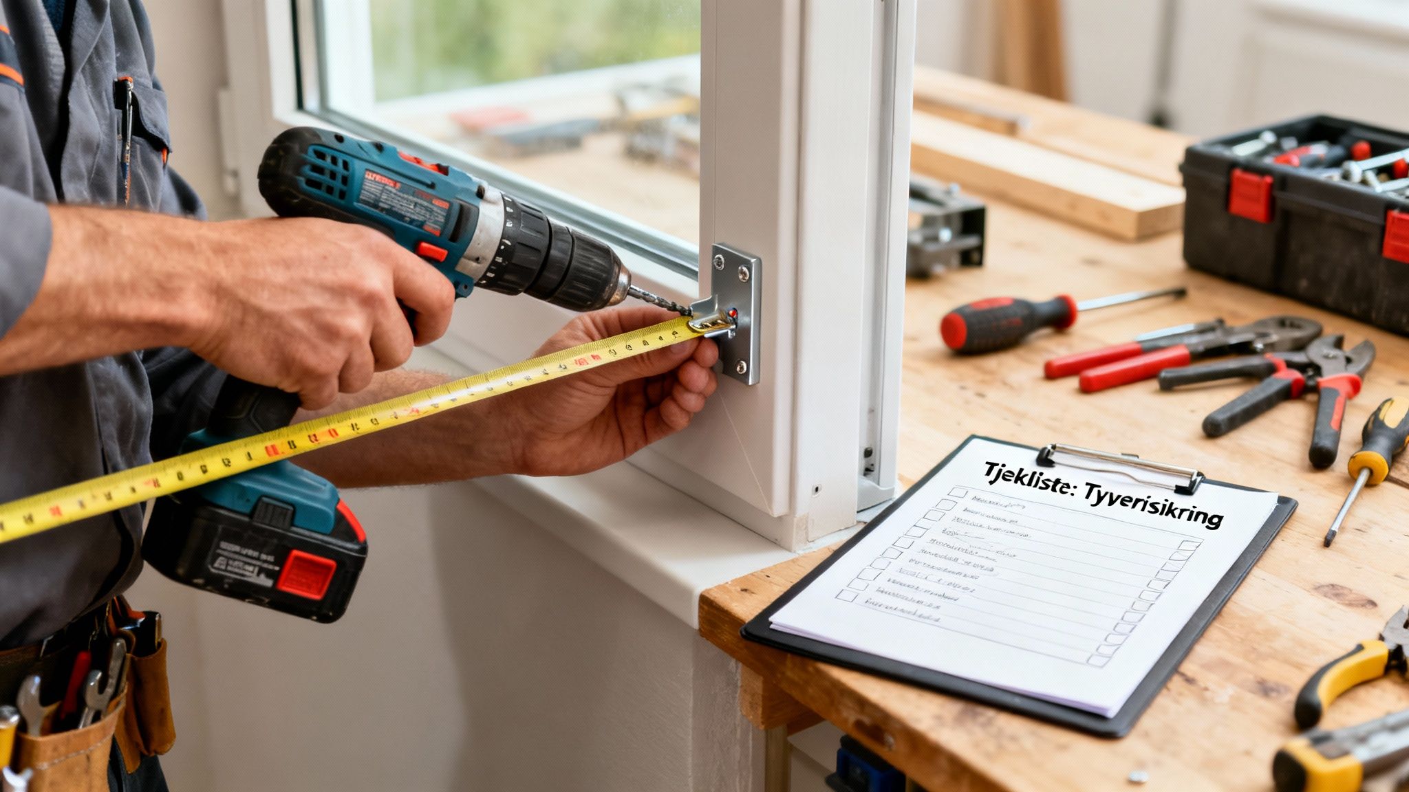 Håndværker monterer tyverisikring på et vindue med boremaskine og målebånd. Tjekliste over tyverisikring ligger på arbejdsbordet.