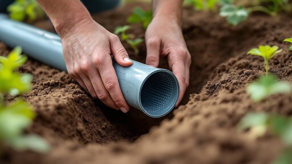 En person, der laver en skitse af en haveplan for et drænprojekt.