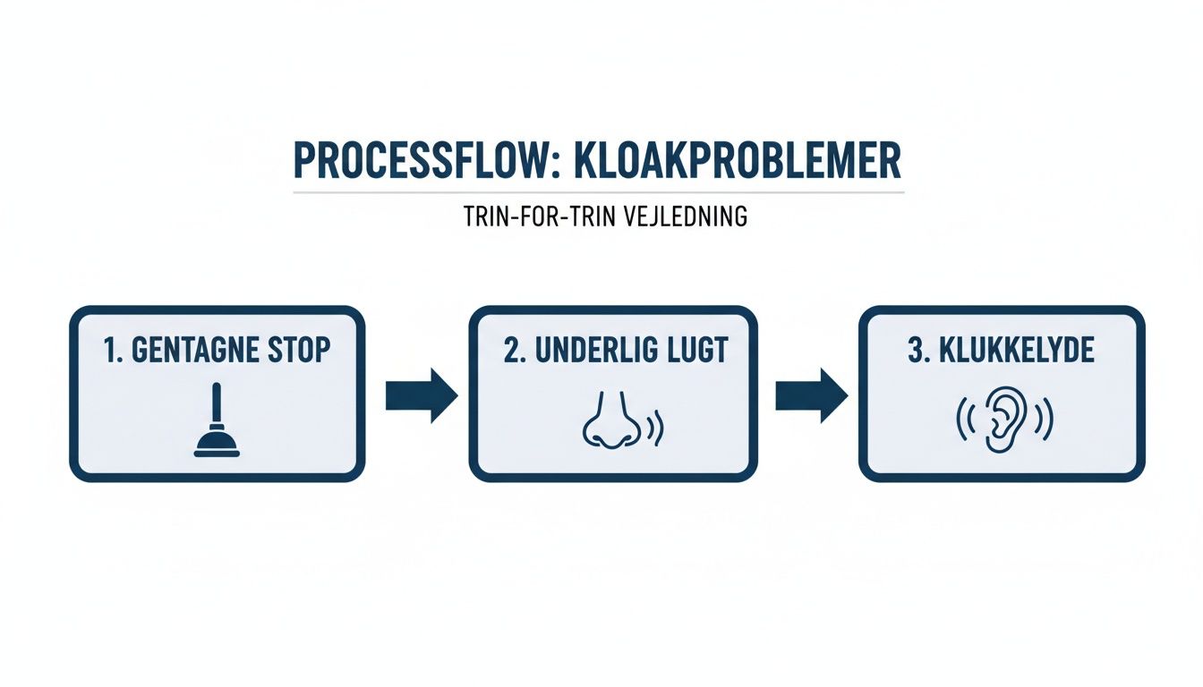En trin-for-trin vejledning der viser almindelige symptomer på kloakproblemer: gentagne stop, underlig lugt og klukkelyde.