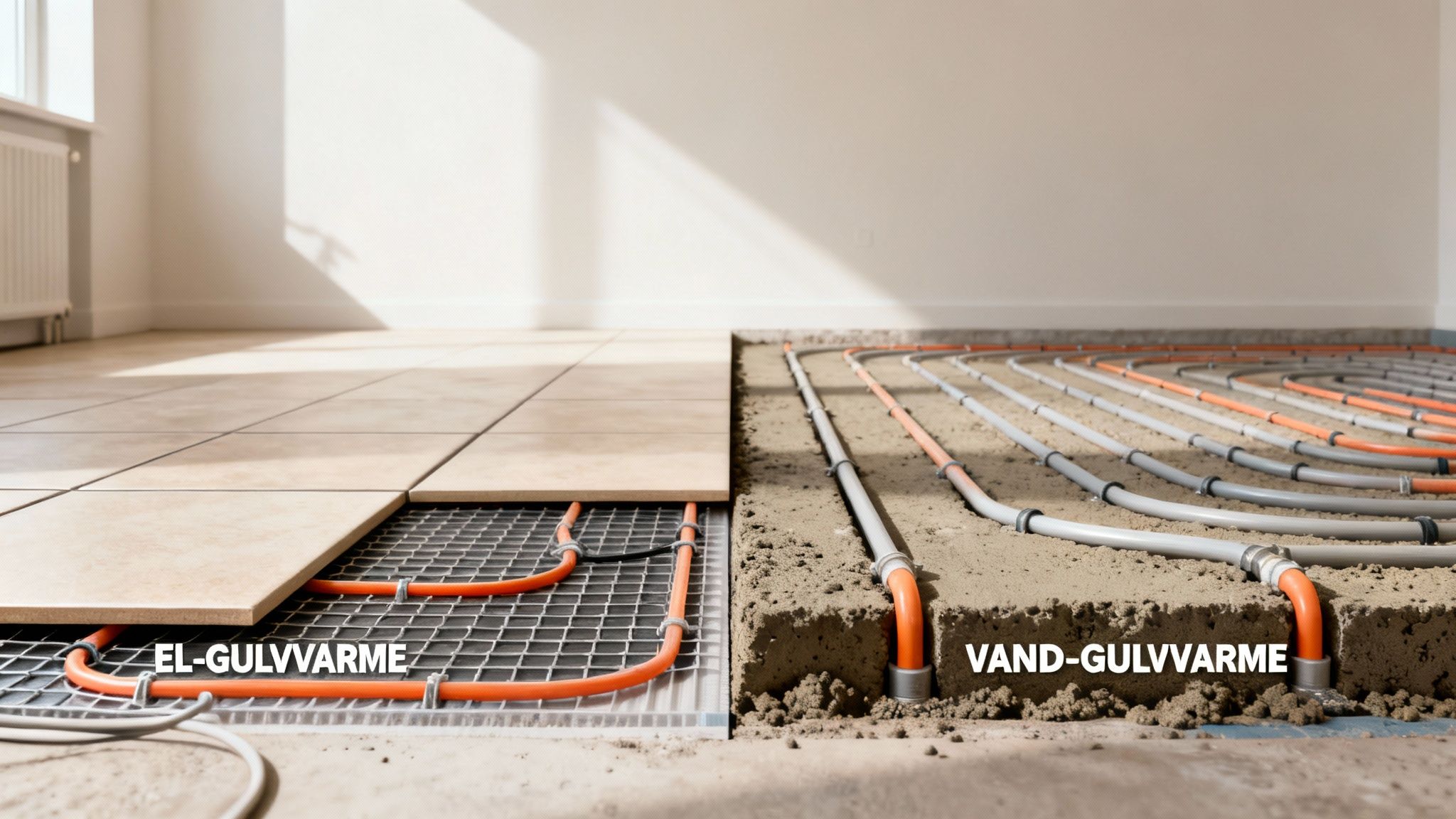 Et billede der viser installation af to typer gulvvarme: el-gulvvarme og vand-gulvvarme, med fliser delvist lagt.