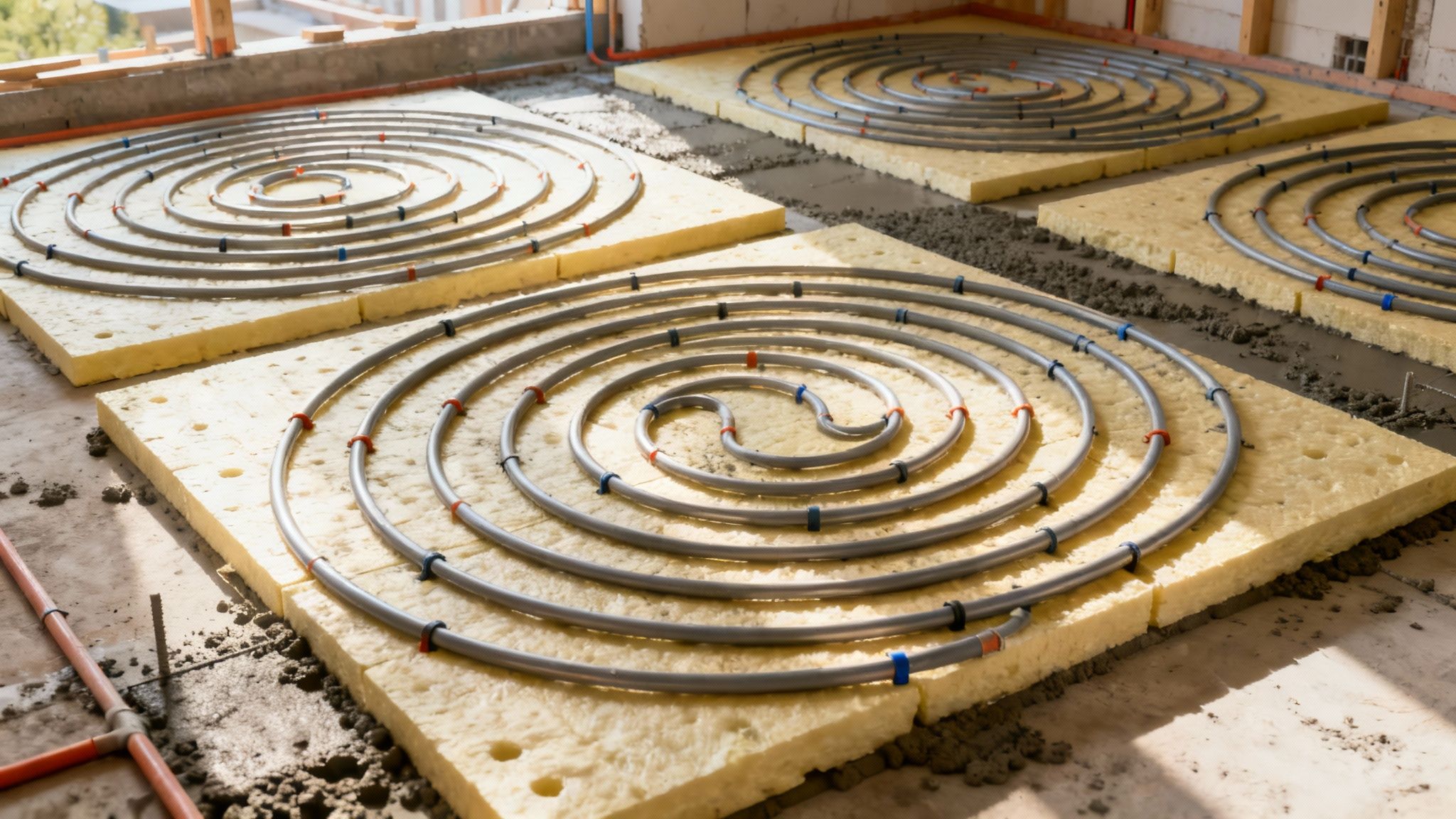 En håndværker er i gang med at udlægge PEX-rør til gulvvarme i et sneglehusmønster på et isoleret undergulv.