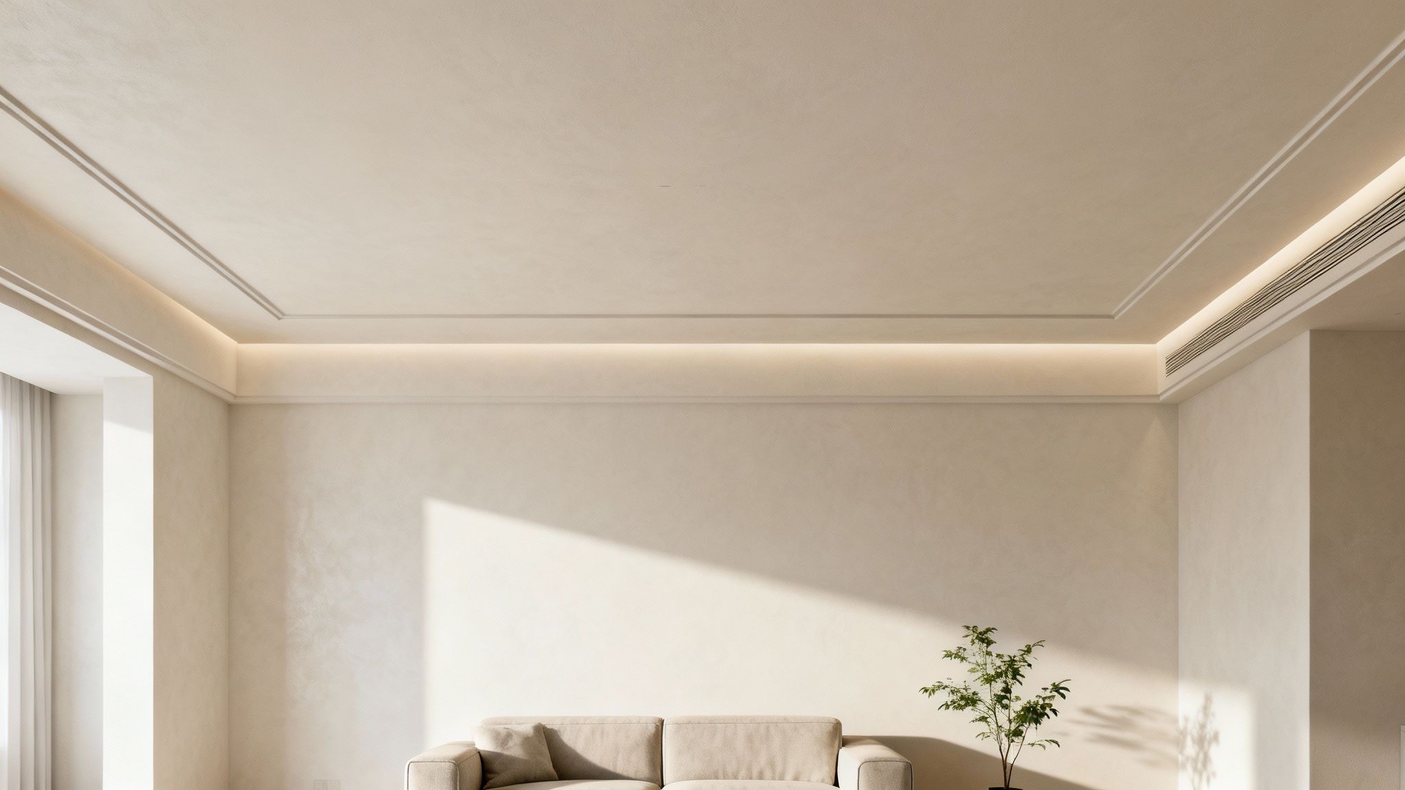 Et moderne minimalistisk stue med neutral indretning, skjult LED-belysning og en beige sofa.