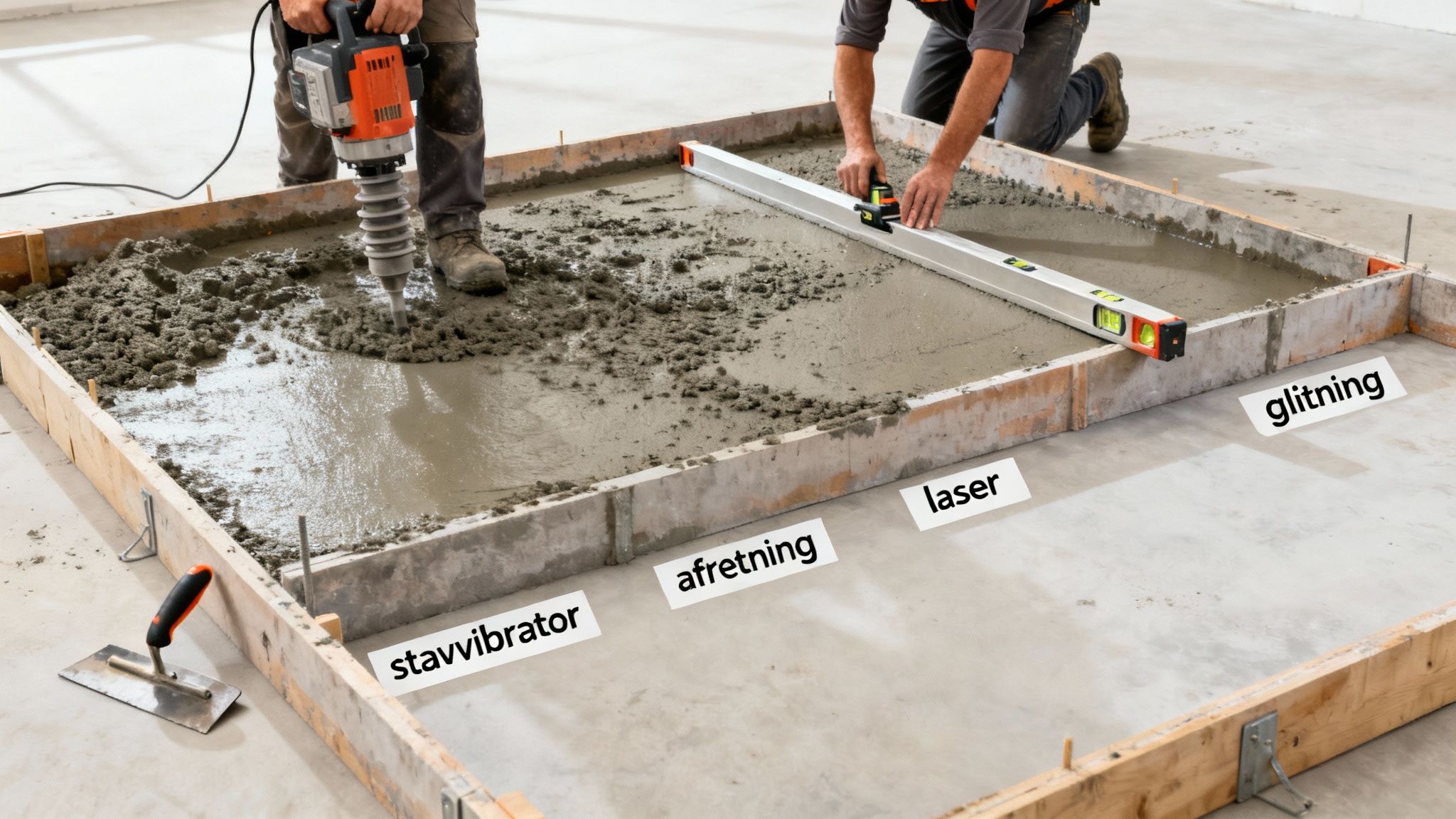 To mænd støber betongulv med stavvibrator og vaterpas. Processen inkluderer afretning og glitning.