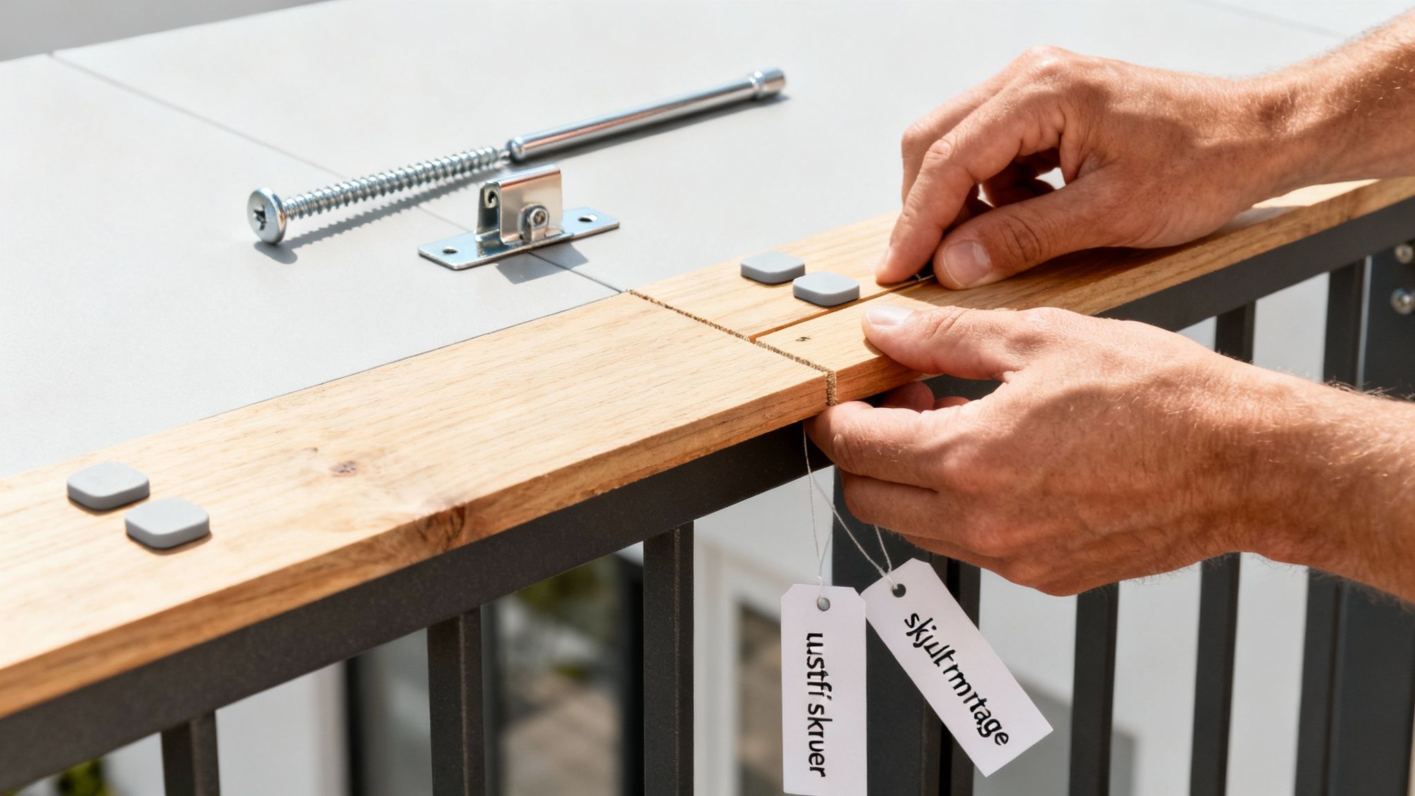 En mand installerer et trægulv på altanrækværket, viser monteringsprocessen med skruer og beslag.
