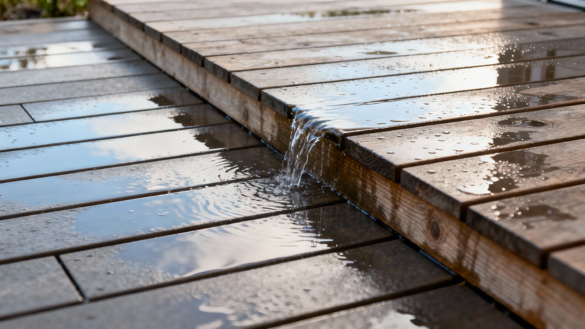 En træterrasse med vandpytter efter regn, der illustrerer dårlig vandafledning.