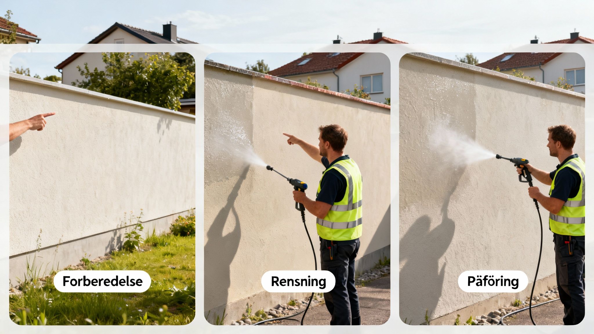 Tre trin viser en mand, der forbereder, renser og påfører et produkt på en mur med højtryksrenser.