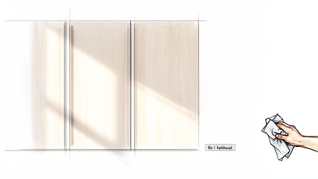 Tegning af lyse køkkenlåger og en hånd med en klud, der illustrerer rengøring for ro i køkkenet.