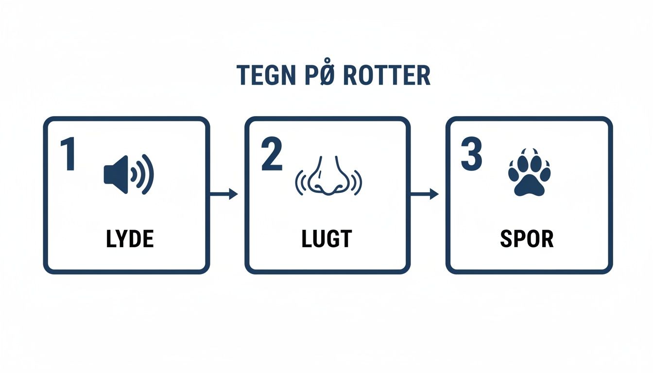 Infografik viser tre hovedtegn på rotter: lyde, lugt og spor, som indikationer på rotteproblemer.