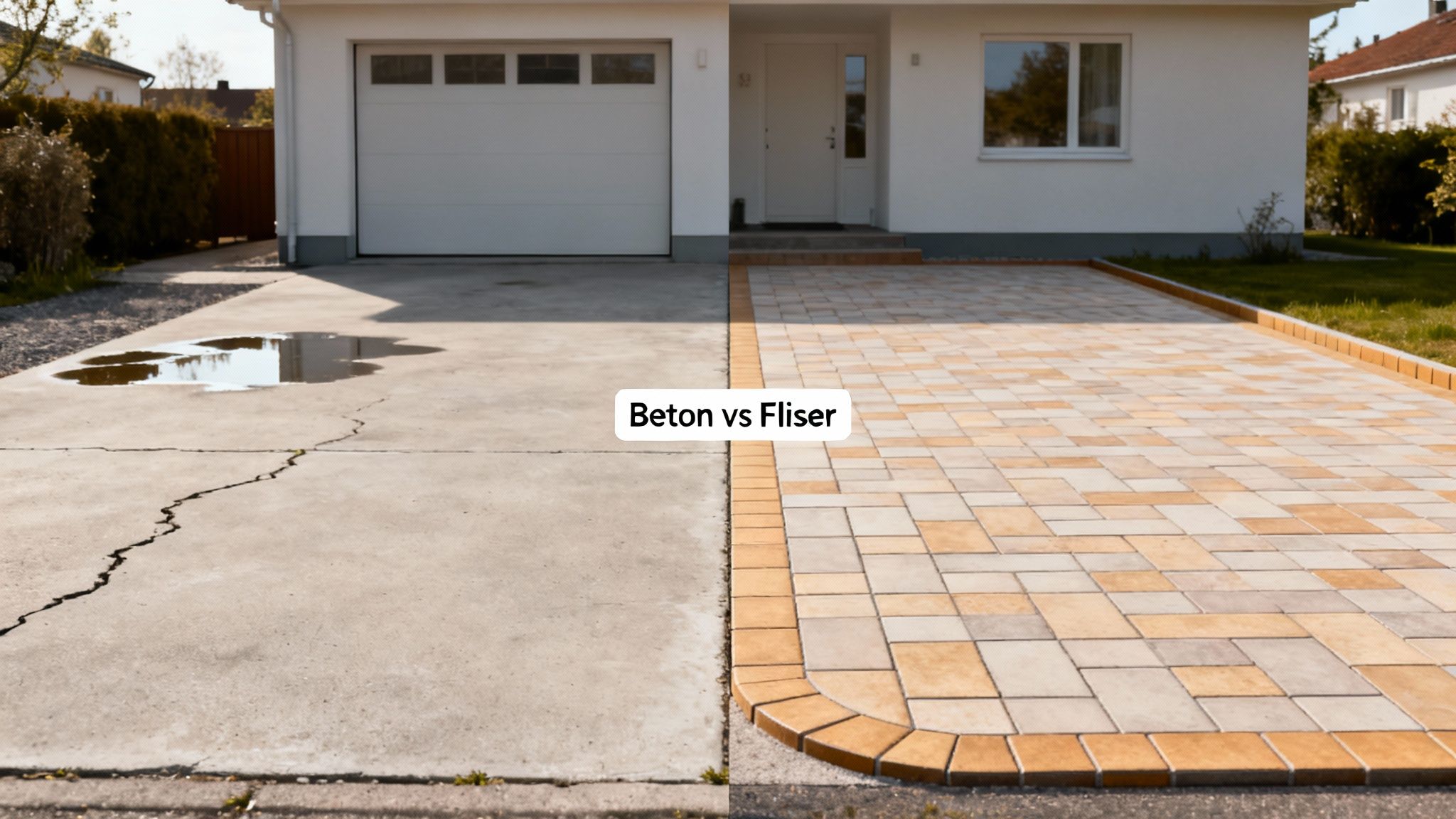 Billede der sammenligner en slidt betonindkørsel med revner og vandpytter med en nyere flisebelagt indkørsel.