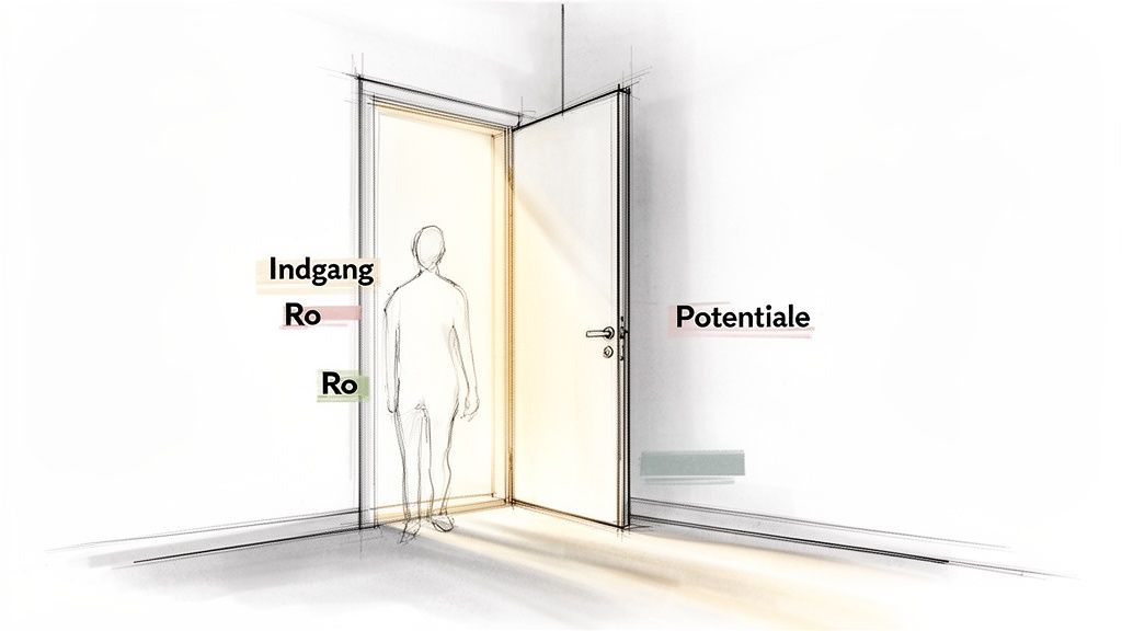 En person står i en døråbning, symboliserende indgang, ro og nye potentialer.