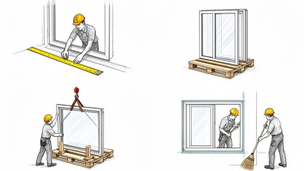 Illustrationer viser trin for udskiftning af vinduer: måling, levering, montering og oprydning af en arbejder.