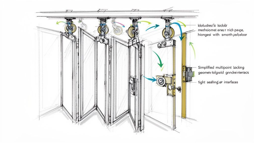 Detaljeret teknisk tegning af foldedør med rullehængsler og avanceret låsesystem for tæt forsegling.