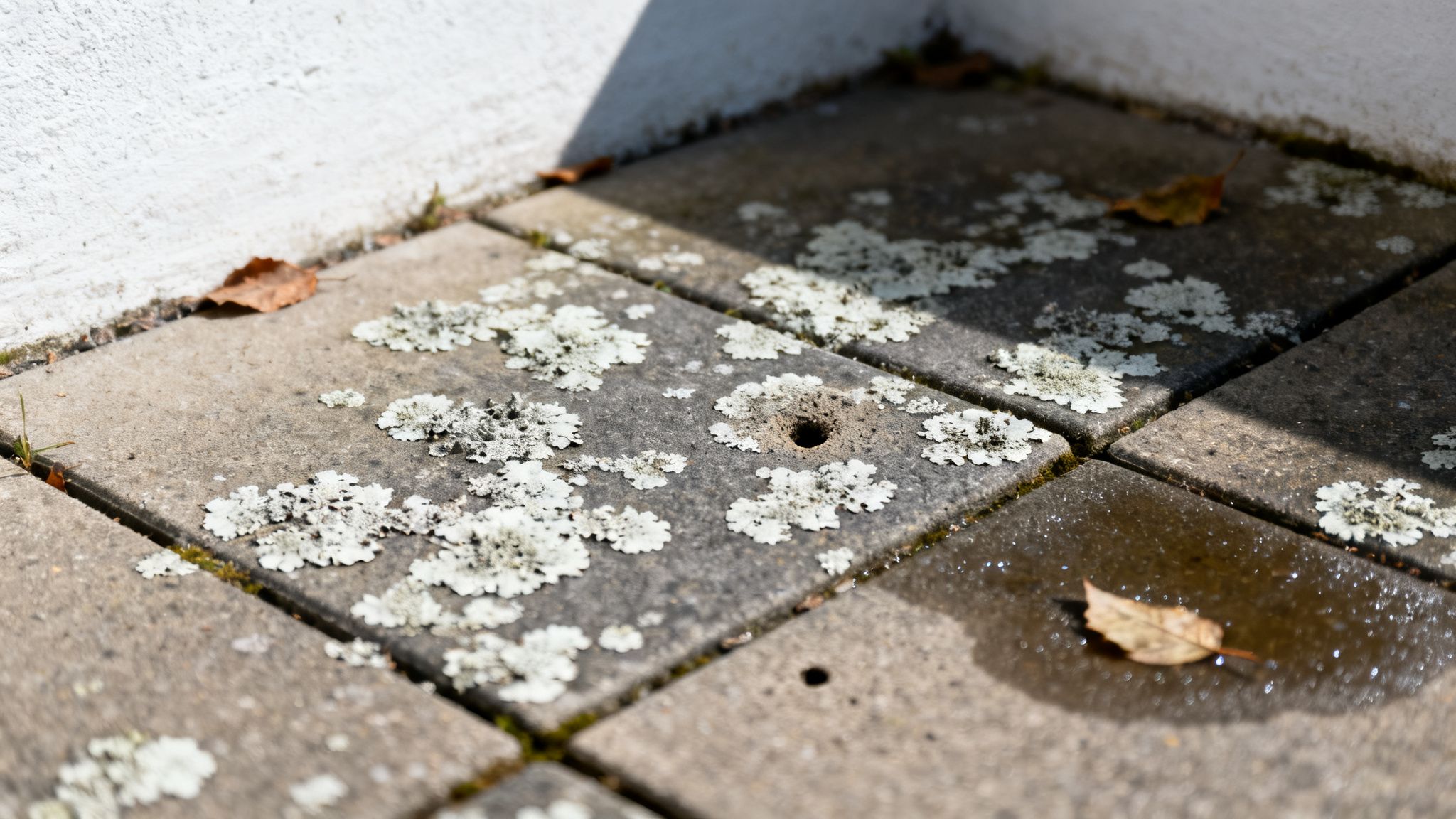 Nærbillede af betonfliser dækket af hvid flisepest, tørre blade og en lille vandpyt.