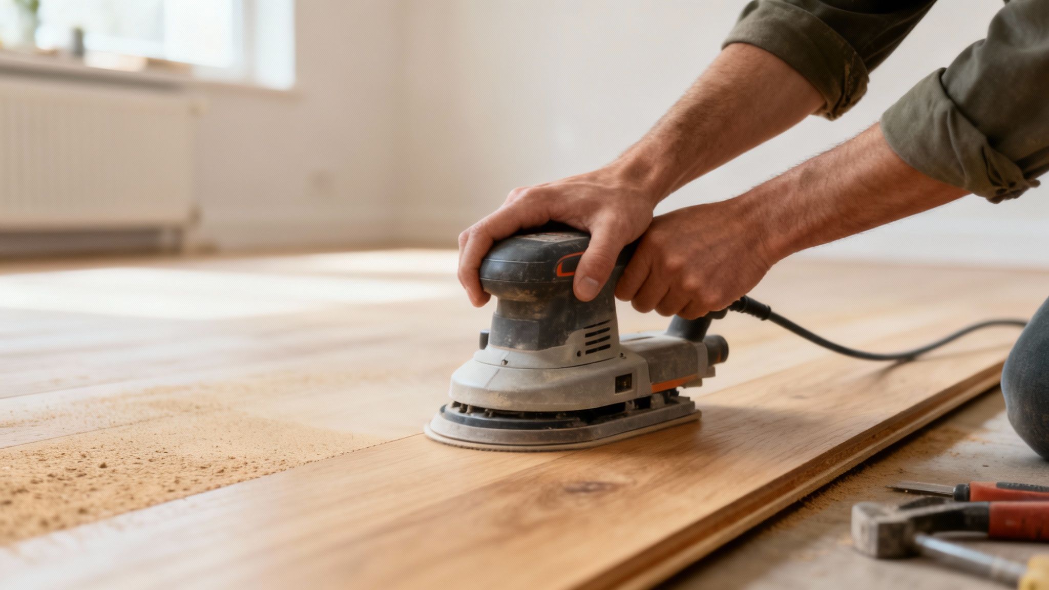 Moderne stue med lyst trægulv og store vinduer