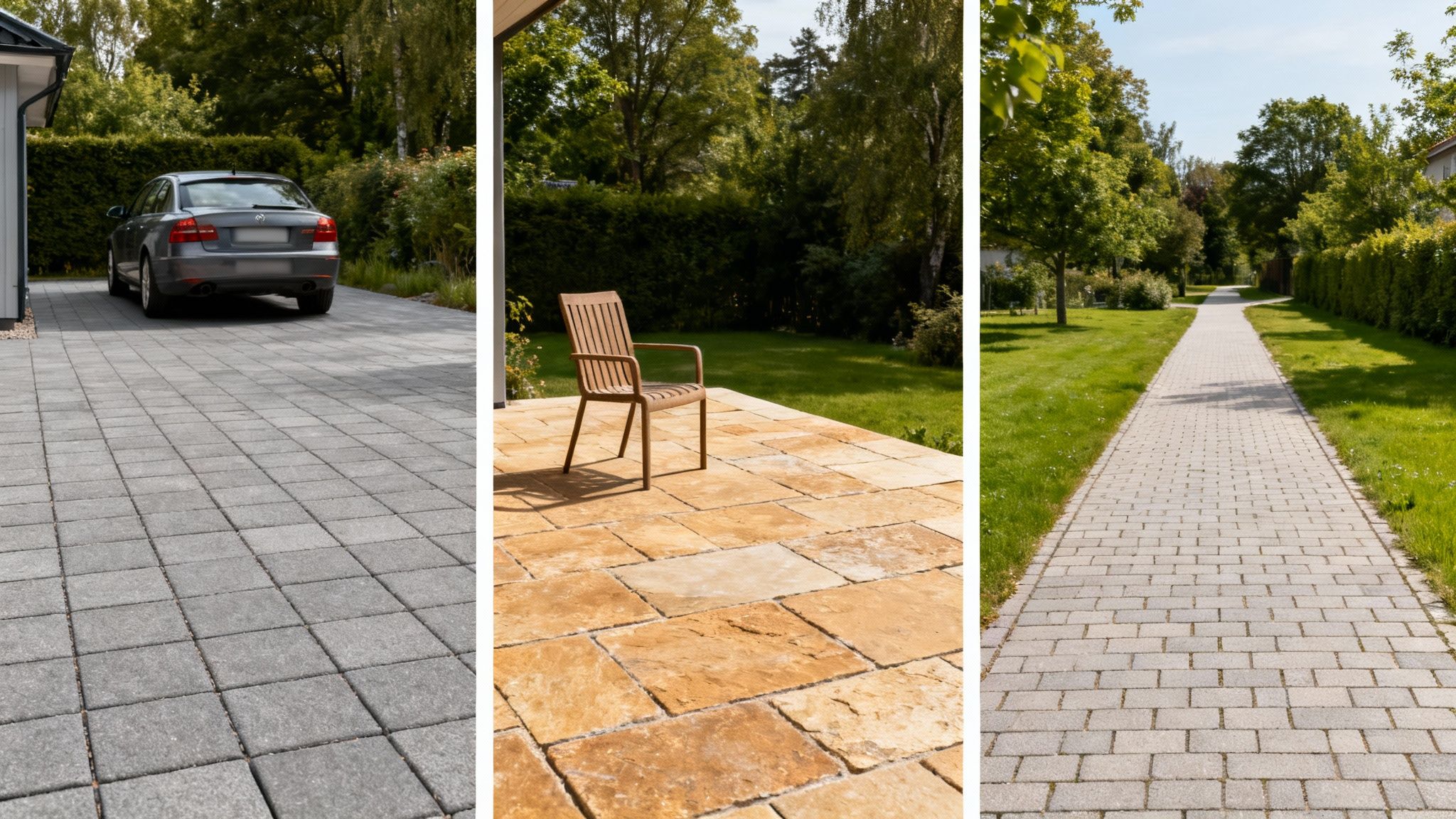Tre billeder viser forskellige belægninger: grå indkørsel, gylden terrasse og brolagt sti.