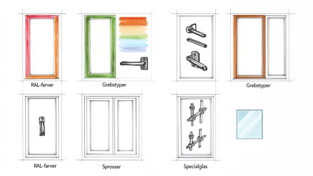 Illustration af vindues- og dørdesignmuligheder: RAL-farver, grebstyper, sprosser og specialglas.