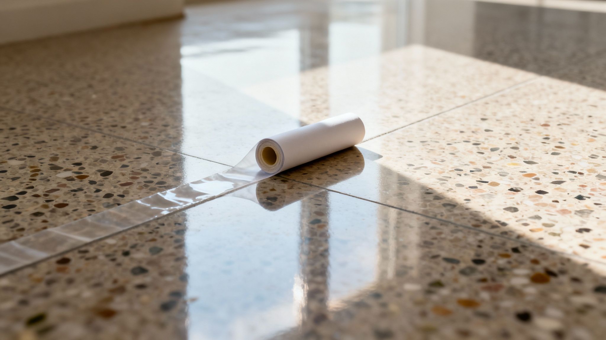 En rulle transparent klæbefilm ligger på et terrazzogulv med sollys og refleksioner.