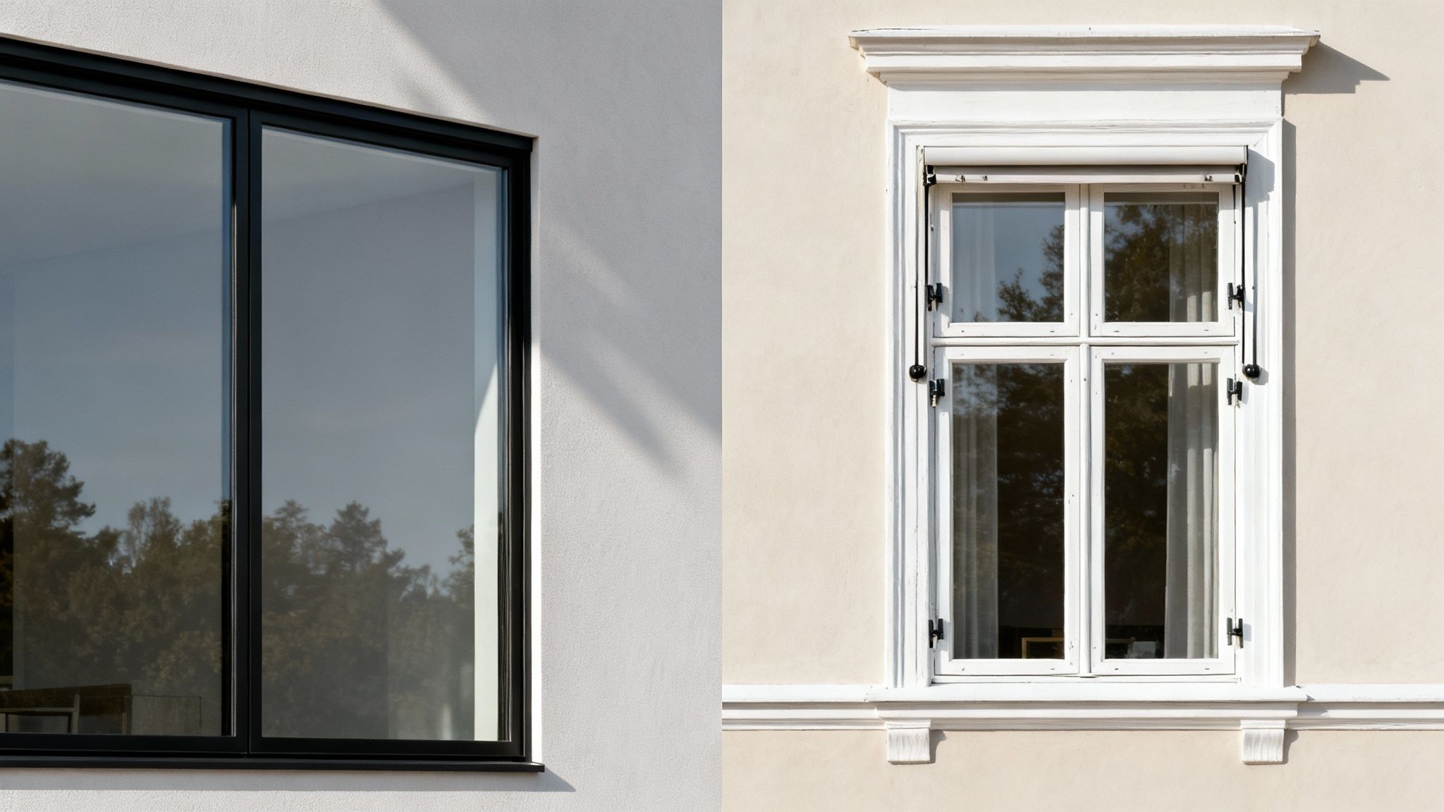 Billede der sammenligner et moderne Velfac 200 vindue med sort ramme og et klassisk vindue med hvide sprosser.