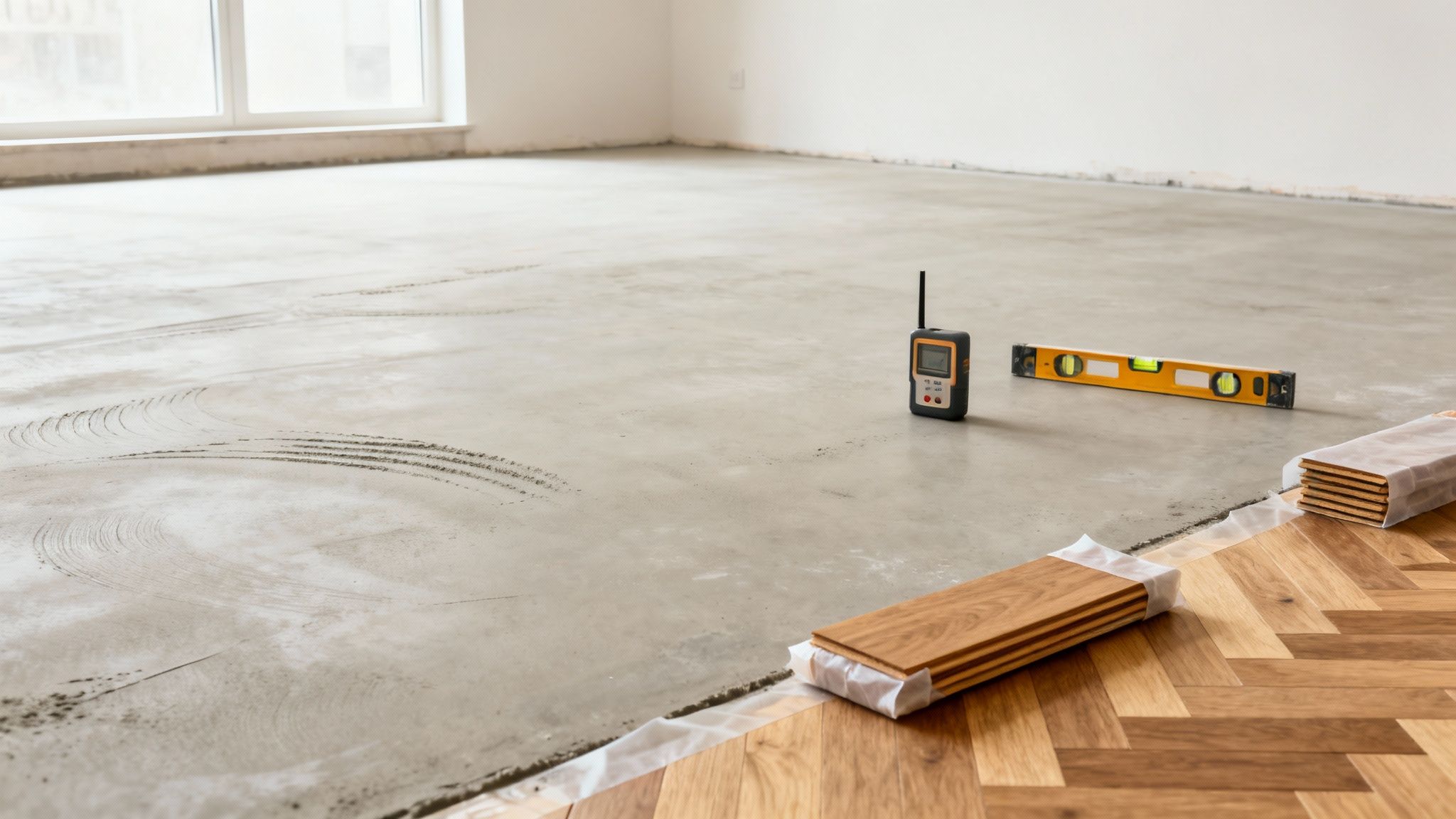 Et rum under renovering, med betonundergulv, fugtmåler, vaterpas og nyt sildebensparket klar til lægning.