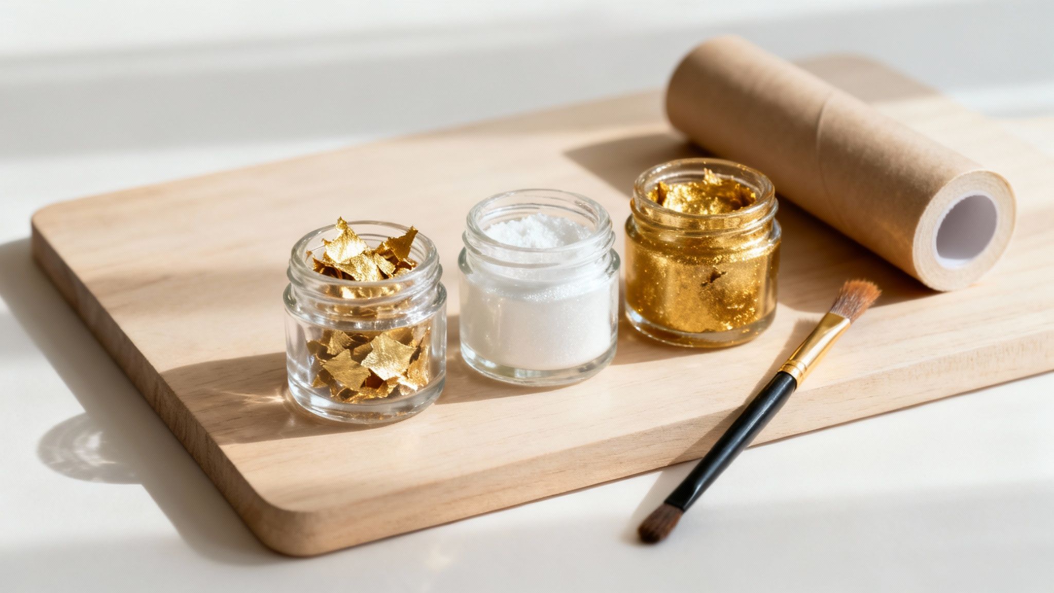 Tre glas med bladguld, hvidt pulver og guldflager på træbræt med pensel til gulvoliering